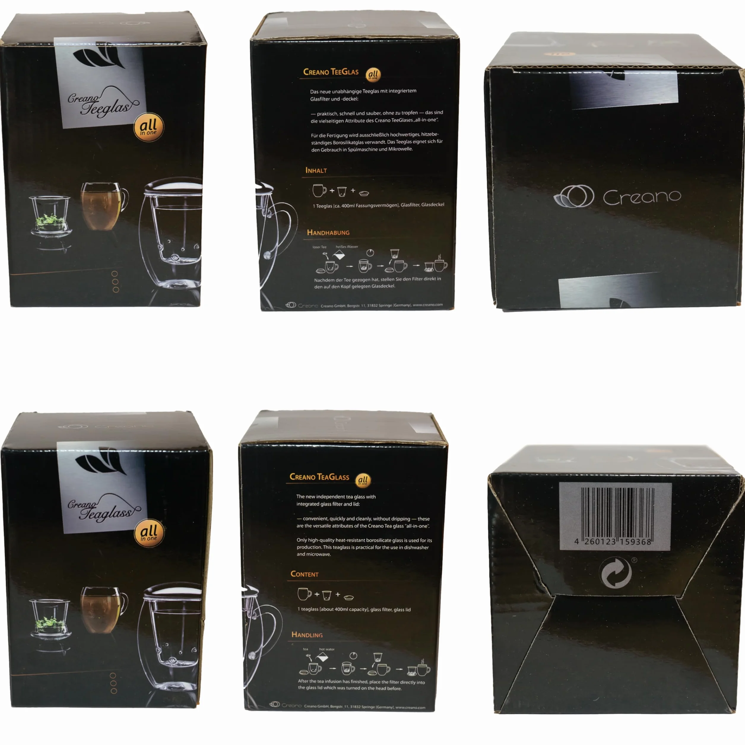 Creano Szklanka do herbaty All in one, duża filiżanka do herbaty z sitkiem i pokrywką ze szkła, 400 ml, idealny zaparzacz do herbaty
