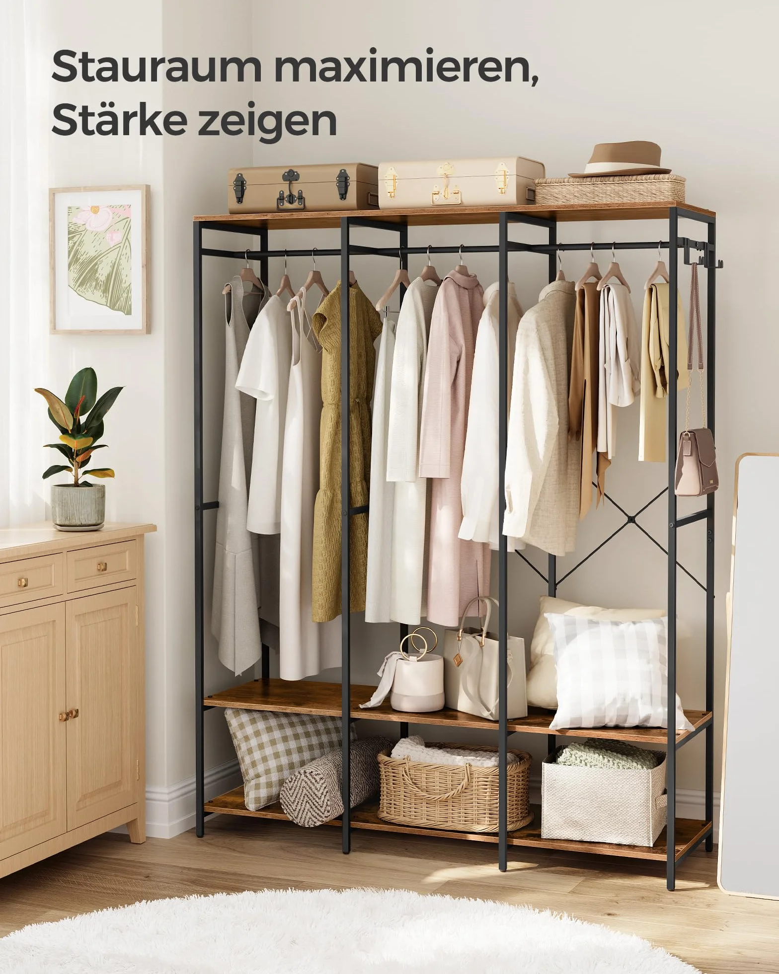 SONGMICS Otwarta szafaubranie, wieszak do ubrań, z drążkiem, półki, zdejmowane haczyki, 40 x 141 x 180 cm, brązowy vintage RGR005B01