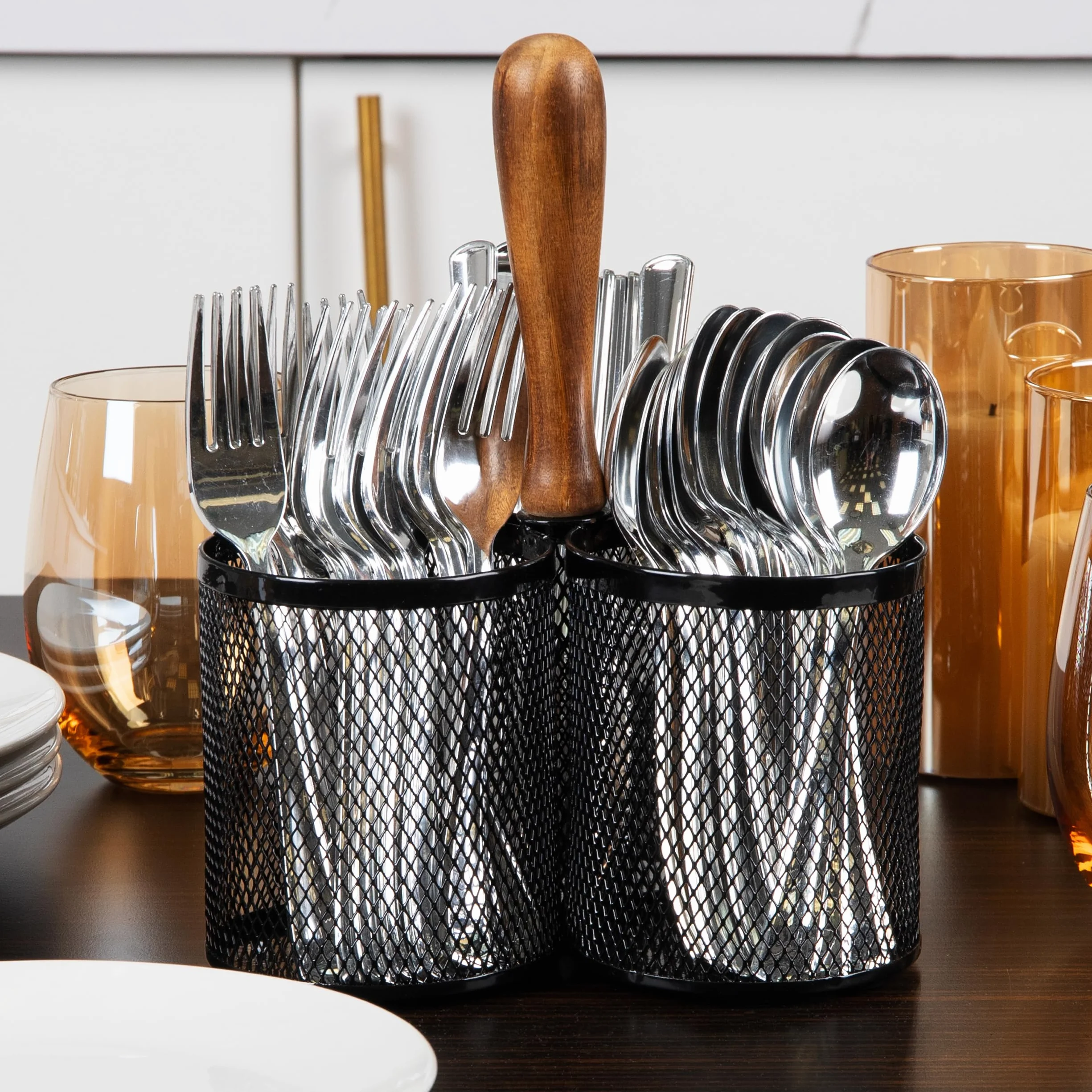 Mind Reader Utensil Holder Silverware Organizer Cutlery Holder Metal Mesh 7.5x7.5x9.75 Inch Black