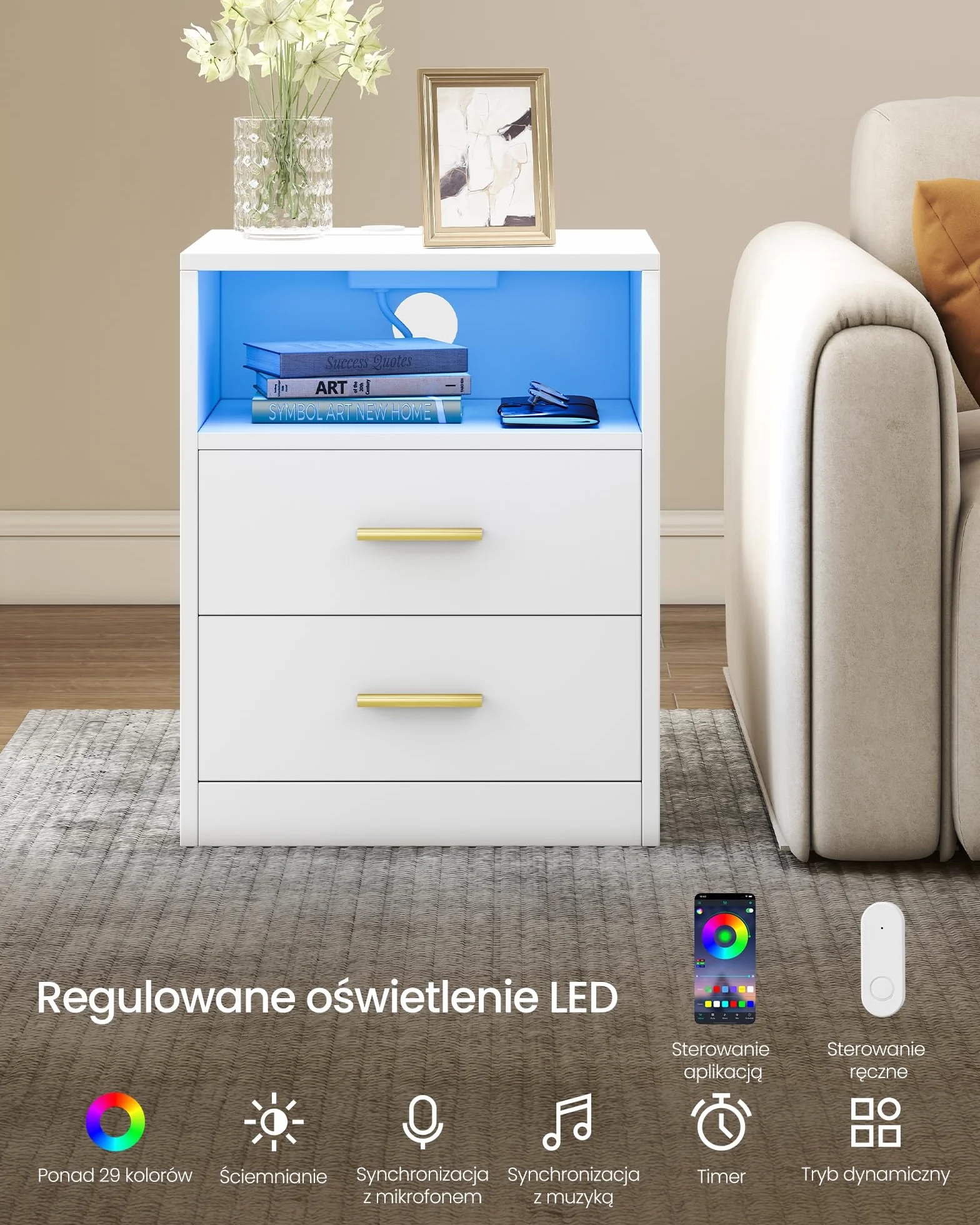 VASAGLE Kolekcja CUSTOS – stolik nocny ze stacją ładującą, zestaw 2 szt., oświetlenie LED, stolik boczny, nowoczesny, z szufladami, 2 gniazdkami sieciowymi i portami USB, kolor Cloud White LET829WB01