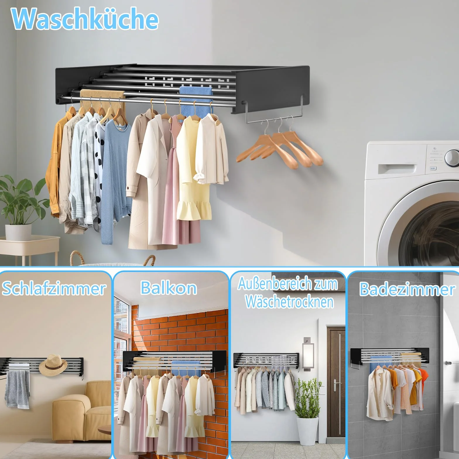 Montowany na ścianie wieszak do suszenia ubrań | Wysuwana suszarka do prania | Składany stojak do suszenia prania z prętami 100cm *6 linek do wieszania | Składana suszarka do ubrań do użytku