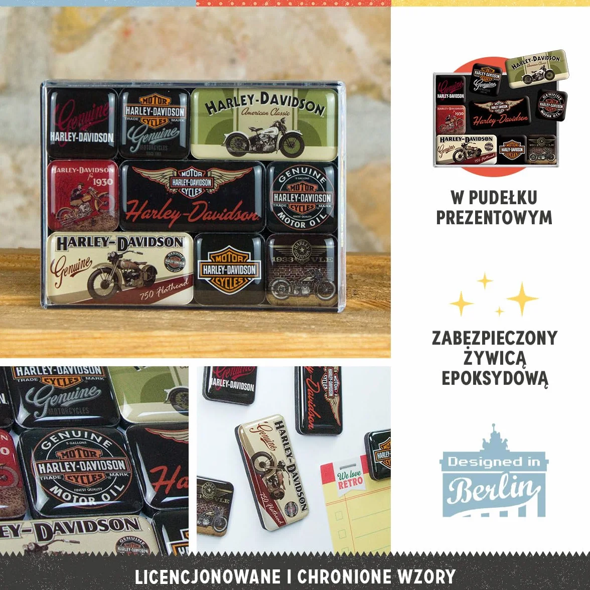 Nostalgic-Art Retro magnesy na lodówkę, 9 sztuk, Harley-Davidson – Bikes – Pomysł na prezent dla motocyklistów, Official License Product (OLP), zestaw magnesów, Styl vintage