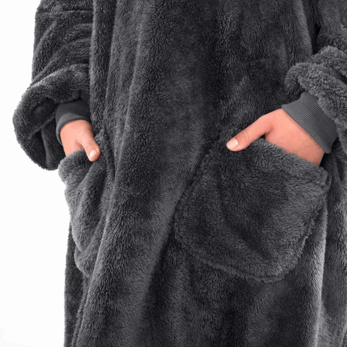 Snug Rug Szara kocobluza z kapturem, koc z rękawami, sztuczny kożuszek, dla dorosłych, sweter z kapturem, miękki, wygodny, bardzo duży koc z rękawami