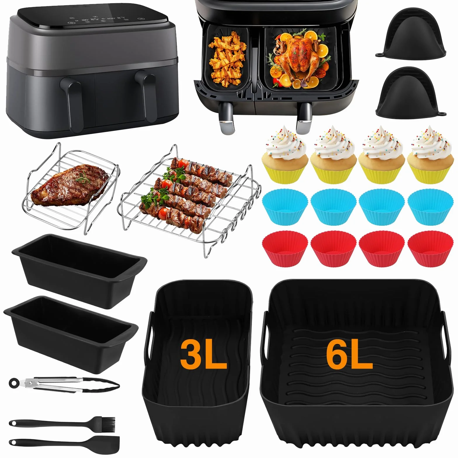 Zestaw 28 akcesoriów do frytkownicy na gorące powietrze, do Philips Dual Basket Airfryer 3000/5000 (6 l/3 l), TefalDual Easy 5,2 l/3,1 l, silikonowe formy do frytkownicy na gorące powietrze, ruszt do