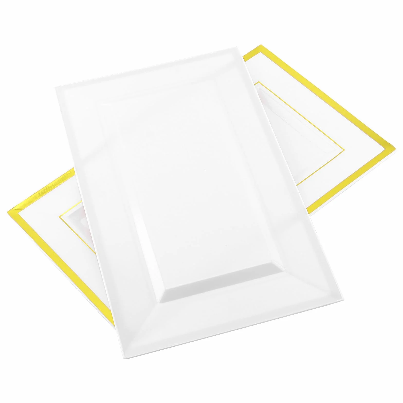 10 sztuk bia?ych plastikowych talerzy do serwowania, 33 x 20 x 1,5 cm, prostok?tne, z tworzywa sztucznego, talerze bufetowe ze z?ot? kraw?dzi?