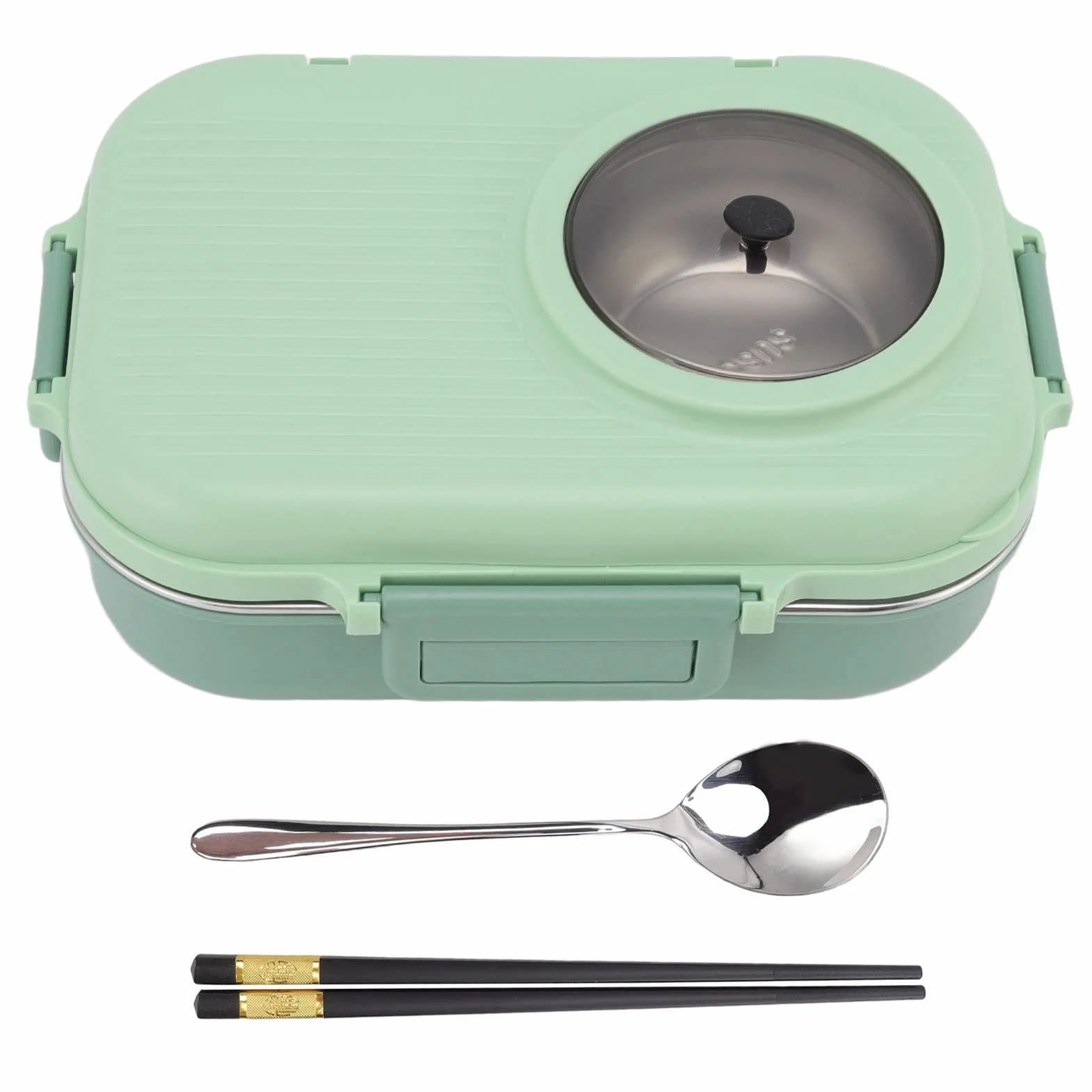 Bento Lunch Box, 1100ml Double Layer 3 Grid Design, 304 Thermal Lunch Box ze Stali Nierdzewnej z Pałeczkami Łyżka Miska na Zupę, Pojemnik na żywność dla Dzieci Studenci Dorośli(Zielony)