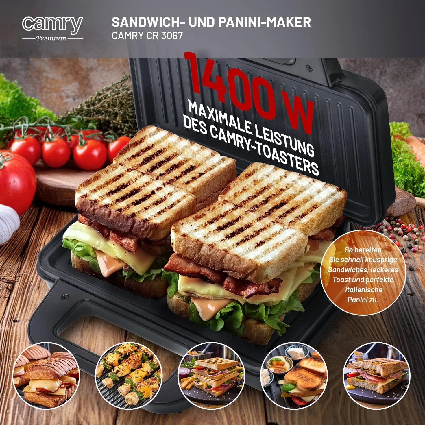 Camry - opiekacz do kanapek i panini grill w jednym – 2 w 1 – szybki grill tosty – kempingowy ekspres do kanapek