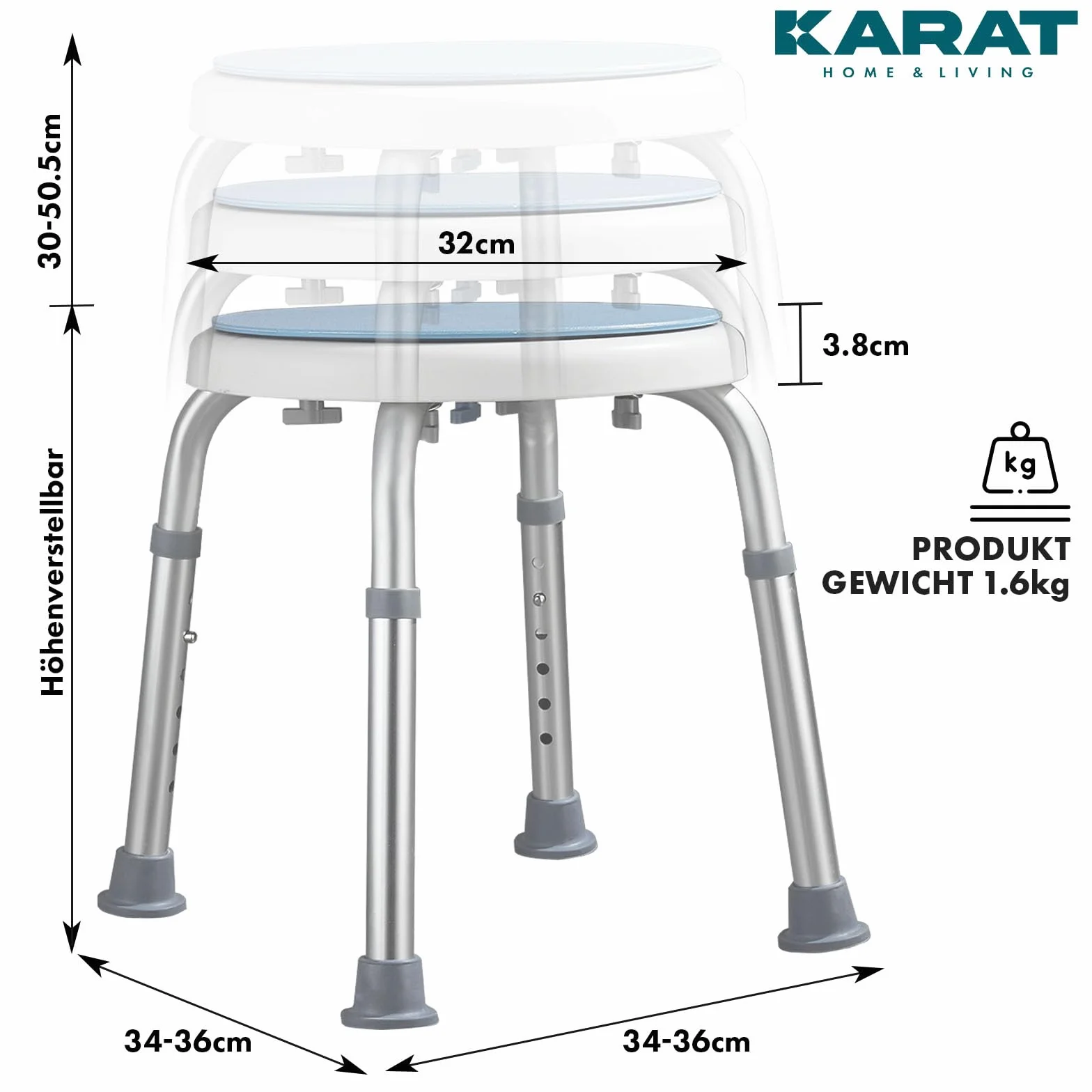 KARAT Taboret prysznicowy obracany 360° krzesło prysznicowe 150 kg z regulacją wysokości antypoślizgowe