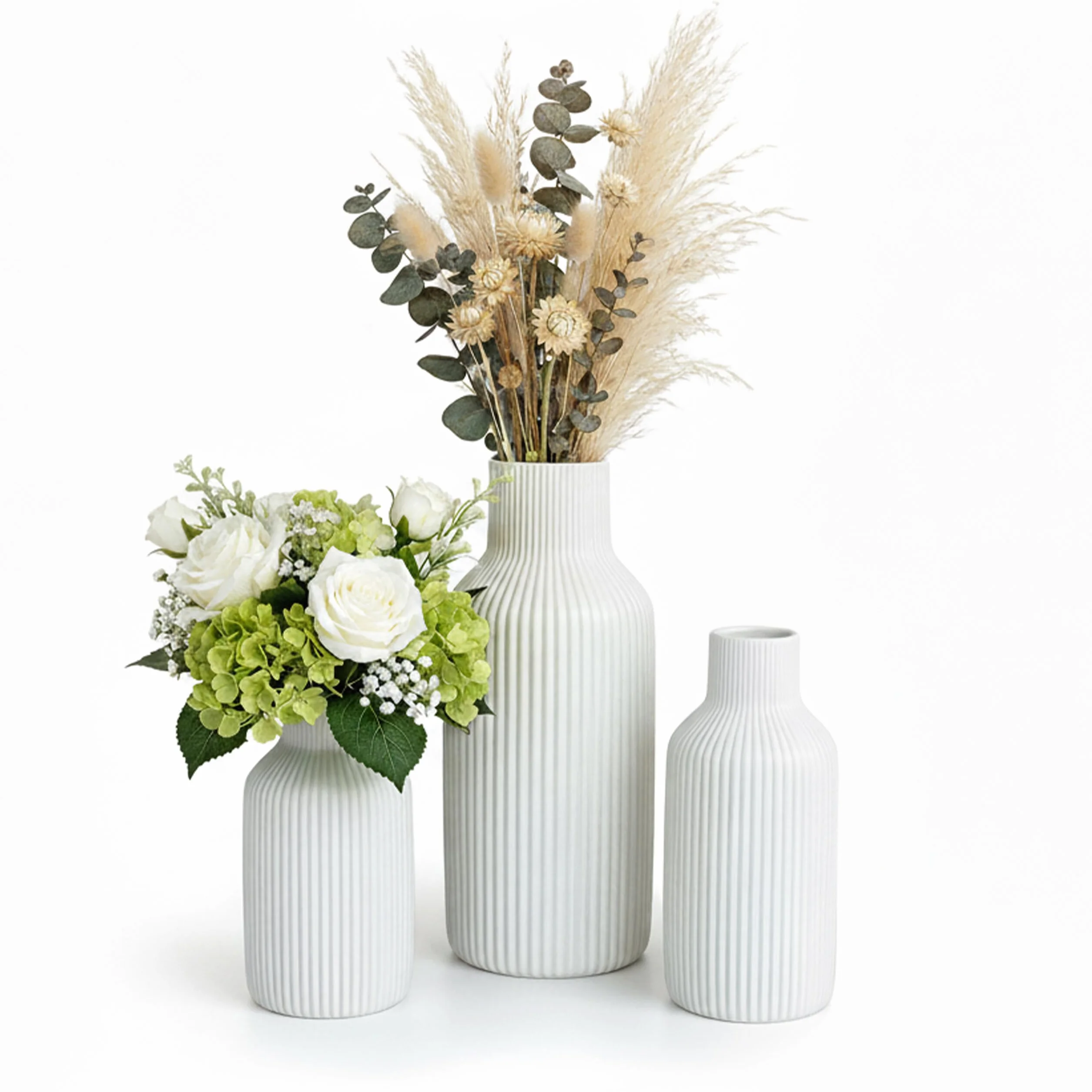 Relaxdays Zestaw 3 wazonów, wazony na kwiaty, 3 rozmiary, świeże i suszone kwiaty, dekoracja ceramiczna, dekoracja stołu, biały