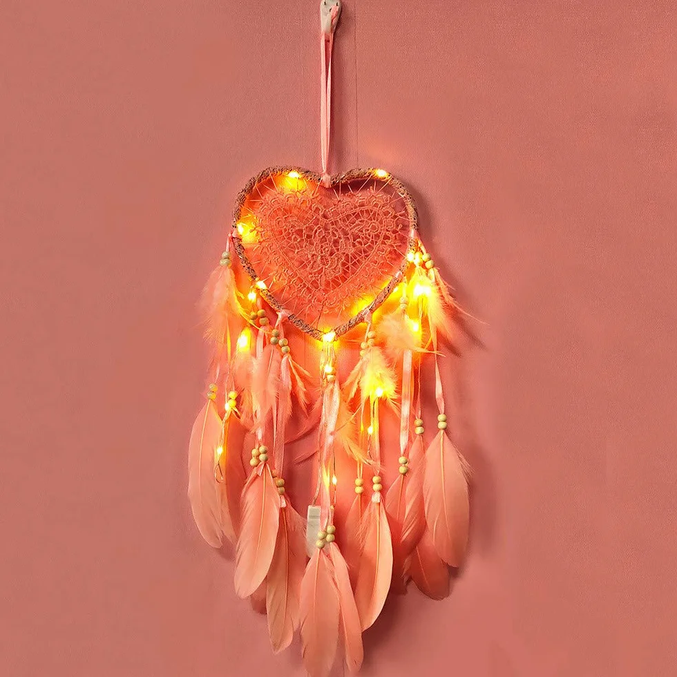 łapacz snów w stylu boho, w kształcie serca, ręcznie wykonany, lampa LED, ozdoba na ścianę, romantyczna dekoracja (kolor różowy, ze światłami)