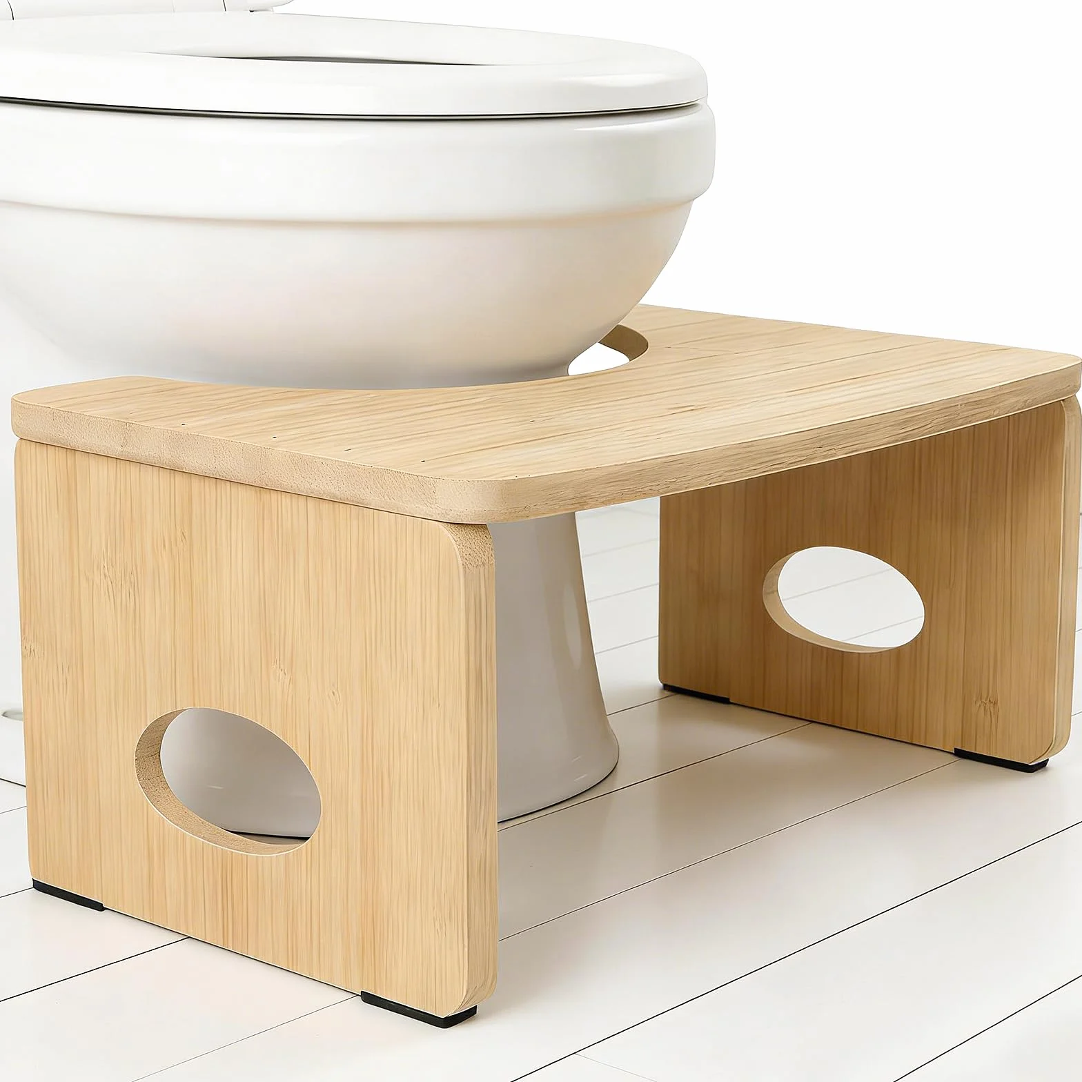FlexStep Klapp-Toilettenhocker 18 cm | 150 kg FSC-Bambus | 6 cm flach gefaltet | Anti-Rutsch-Pads & Griffloch | Platzsparender WC-Hocker – Caramel Beige