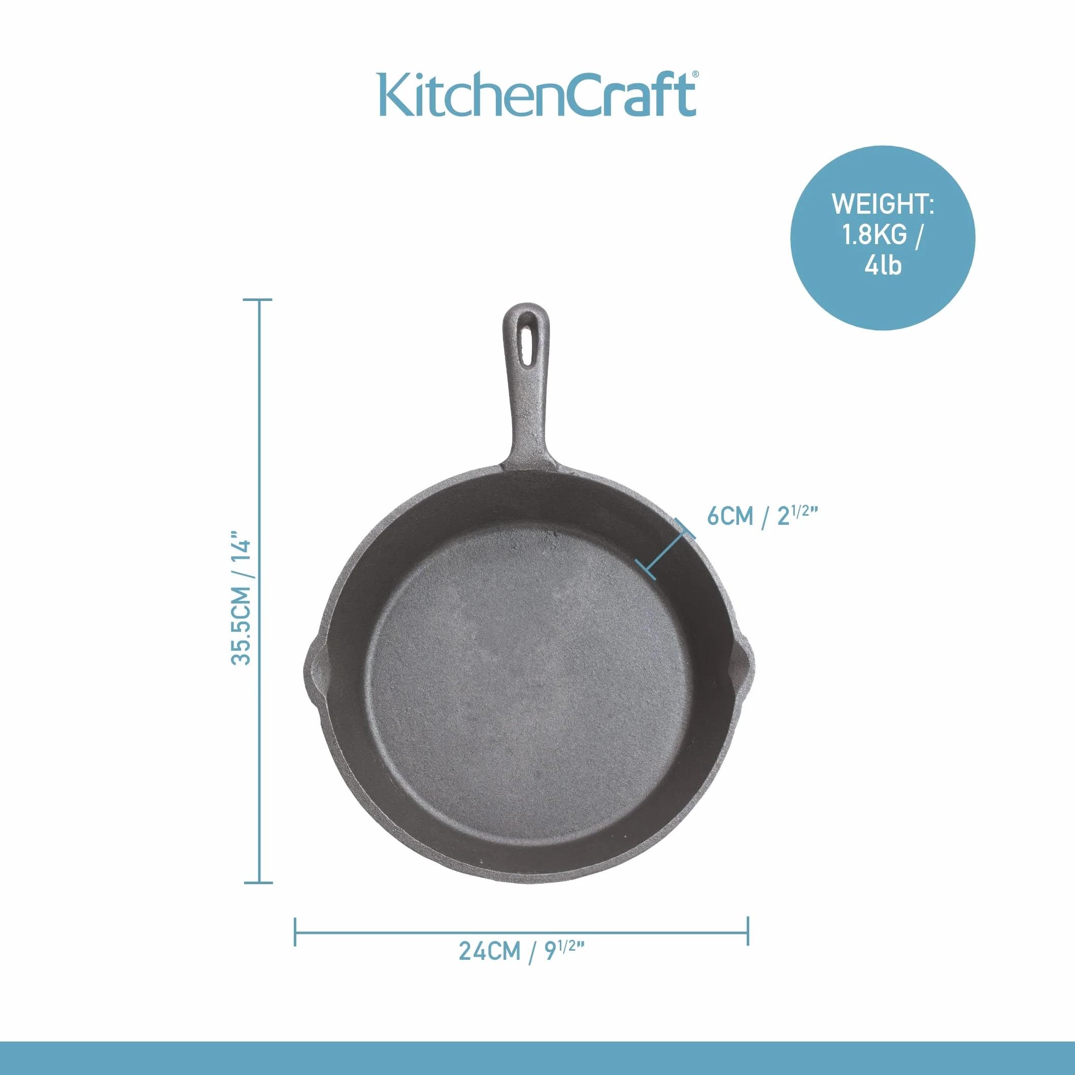 KitchenCraft Patelnia żeliwna, indukcyjna, nadaje się do piekarnika, grilla i grilla, okrągła patelnia żeliwna, 24 cm, czarna