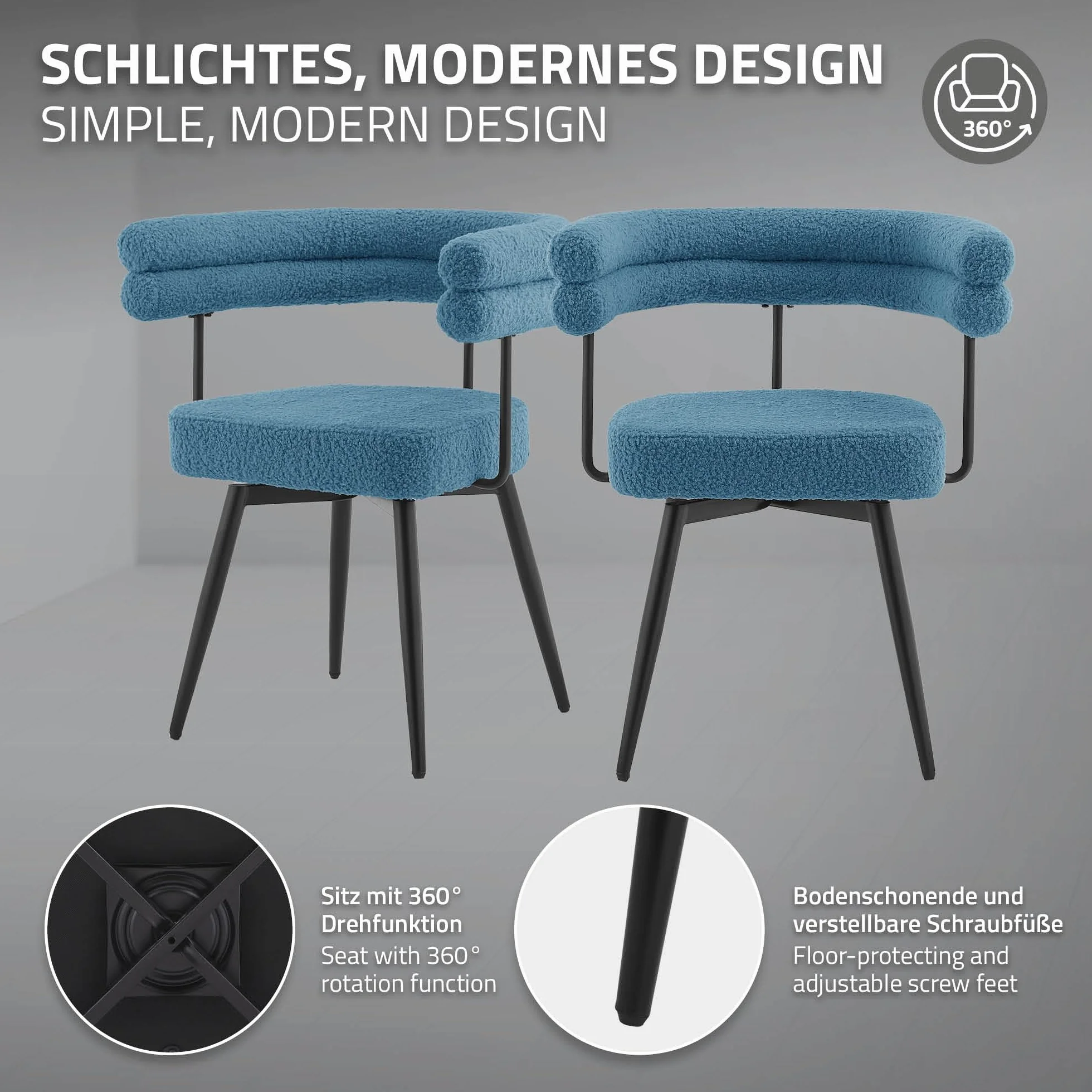 ML-Design Krzesla do salonu i jadalni obrotowe 360 stopni zestaw 4 szt niebieski Teddy tapicerowane z podlokietnikami ergonomiczne metalowe nogi komfortowe siedzisko do stolu kuchni styl nowoczesny