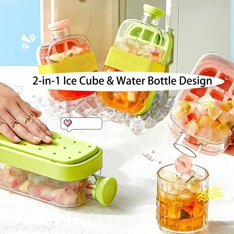 My Crush Cup Ice - Łatwe wydostawanie lodu, 2-w-1 chłodząca butelka z przyciskiem bez dotykania, letni kubek z słomką, butelka na kostki lodu, przenośna tacka na kostki lodu na zewnątrz do robienia