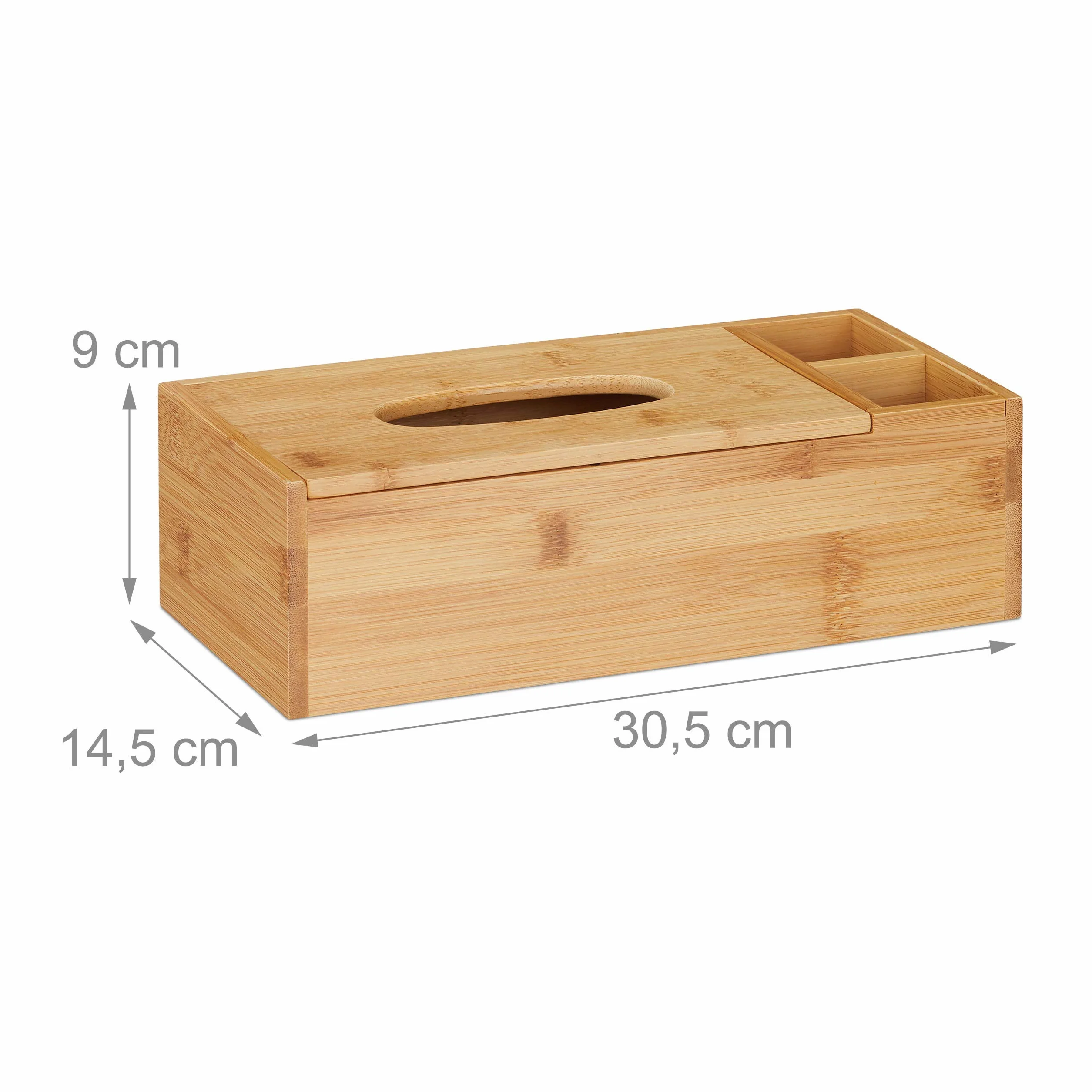 Relaxdays Pudełko na chusteczki z pokrywką i 2 przegródkami, organizer do łazienki i biura, bambusowy organizer, wys. x szer. x gł. 9 x 30,5 x 14,5 cm, naturalny