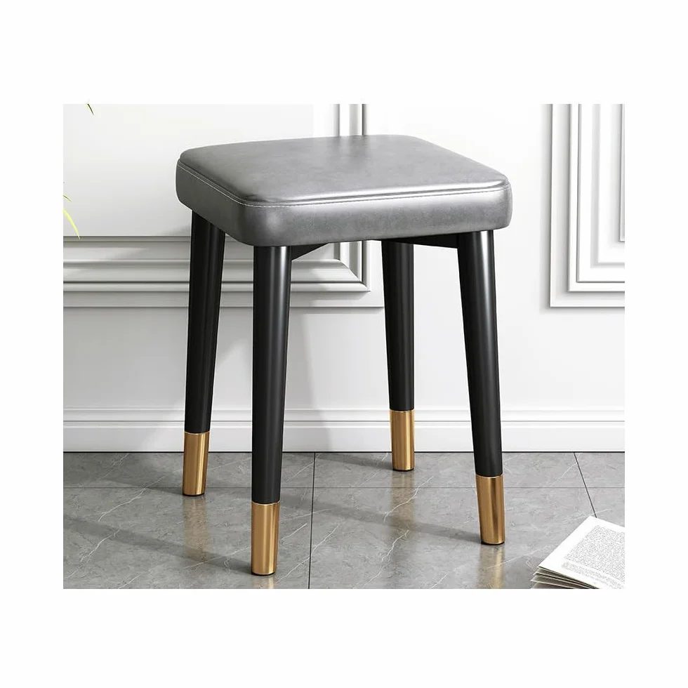 Balama Taboret metalowy, czarny, szary i złoty, możliwość układania w stos, tapicerowany, 45 x 31 x 31 cm, z regulowanym ślizgaczem podłogowym i wytrzymałą sztuczną skórą