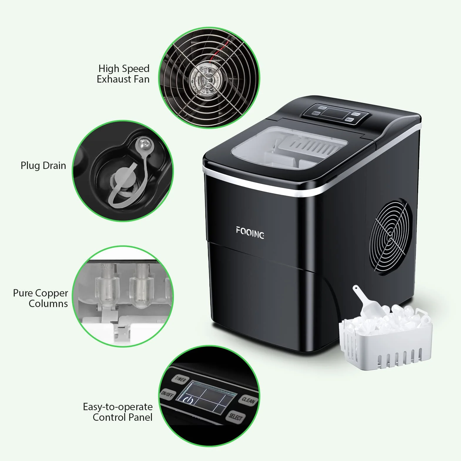 Kostkarka do lodu FOOING Ice Maker kostki lodu gotowe w 6 minut, 2 l, z łopatką do lodu i koszem, wyświetlaczem LED, do domowego baru