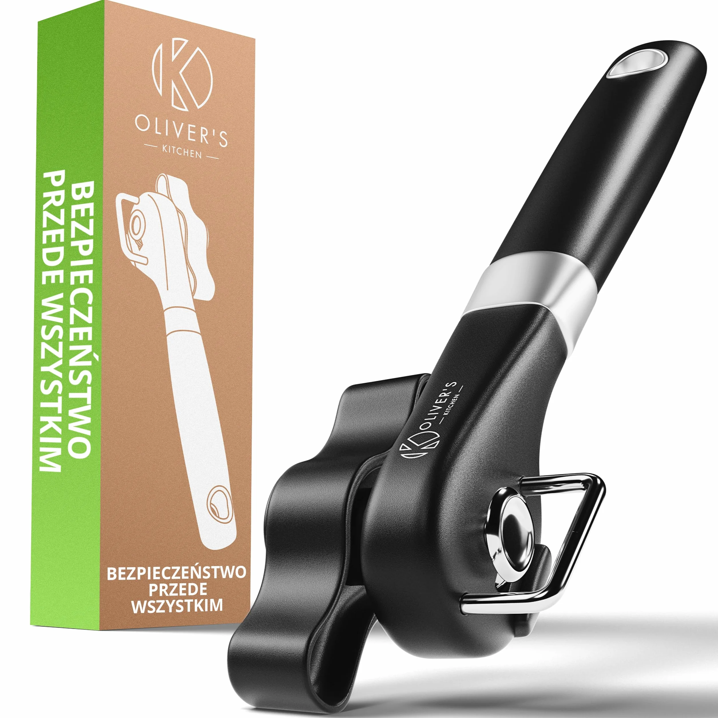 Oliver's Kitchen ® Bezpieczny Otwieracz do Puszek – Solidny Otwieracz do Konserw z Wygodnym Uchwytem – Ręczny Otwieracz Zapobiegający Skaleczeniom – Ostre i Bezpieczne Ostrza