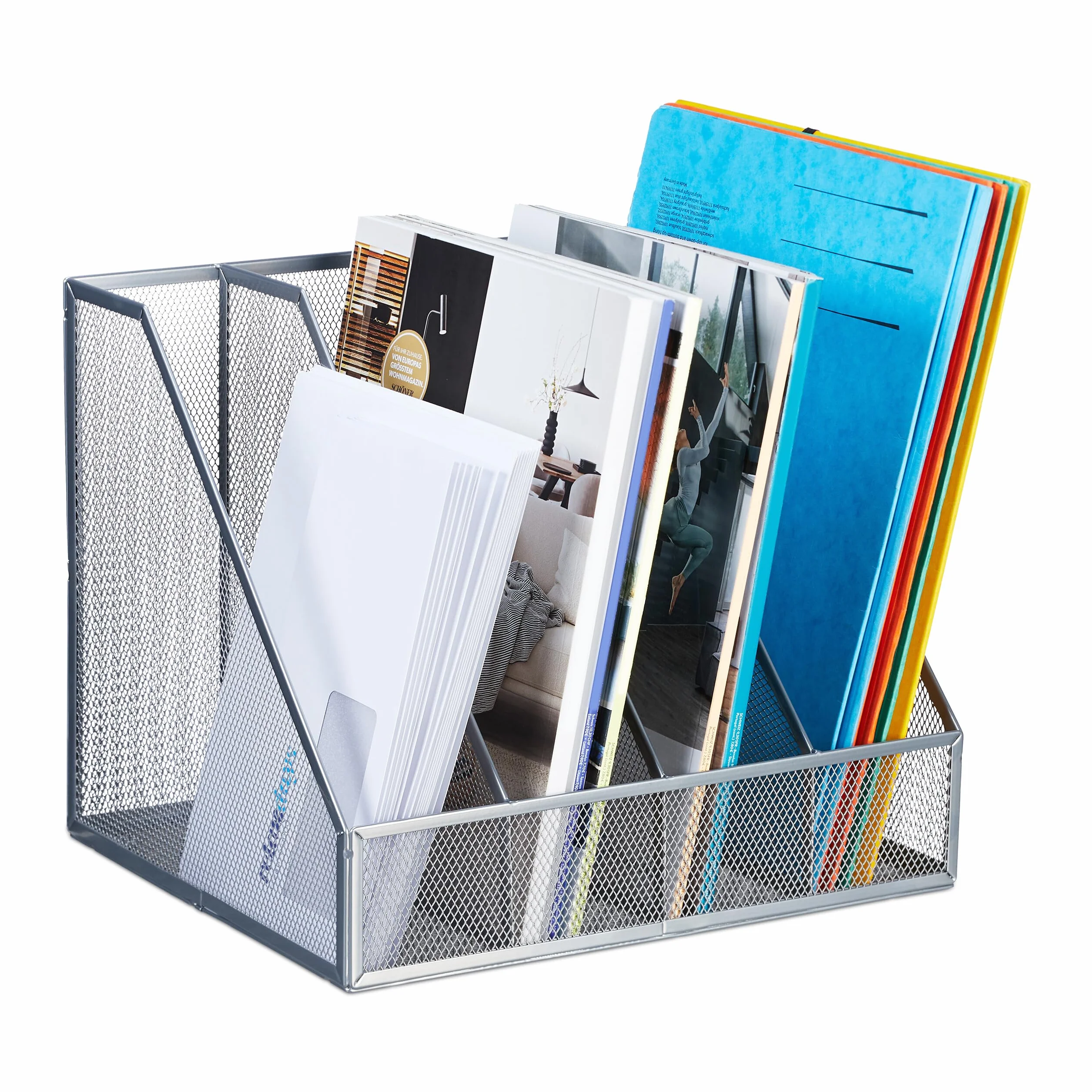 Relaxdays Organizer stojący, format A4, 4 przegródki, siatka, wys. x gł.: 26 x 31 x 26 cm, biuro i biuro domowe, segregator stojący, metal, srebrny