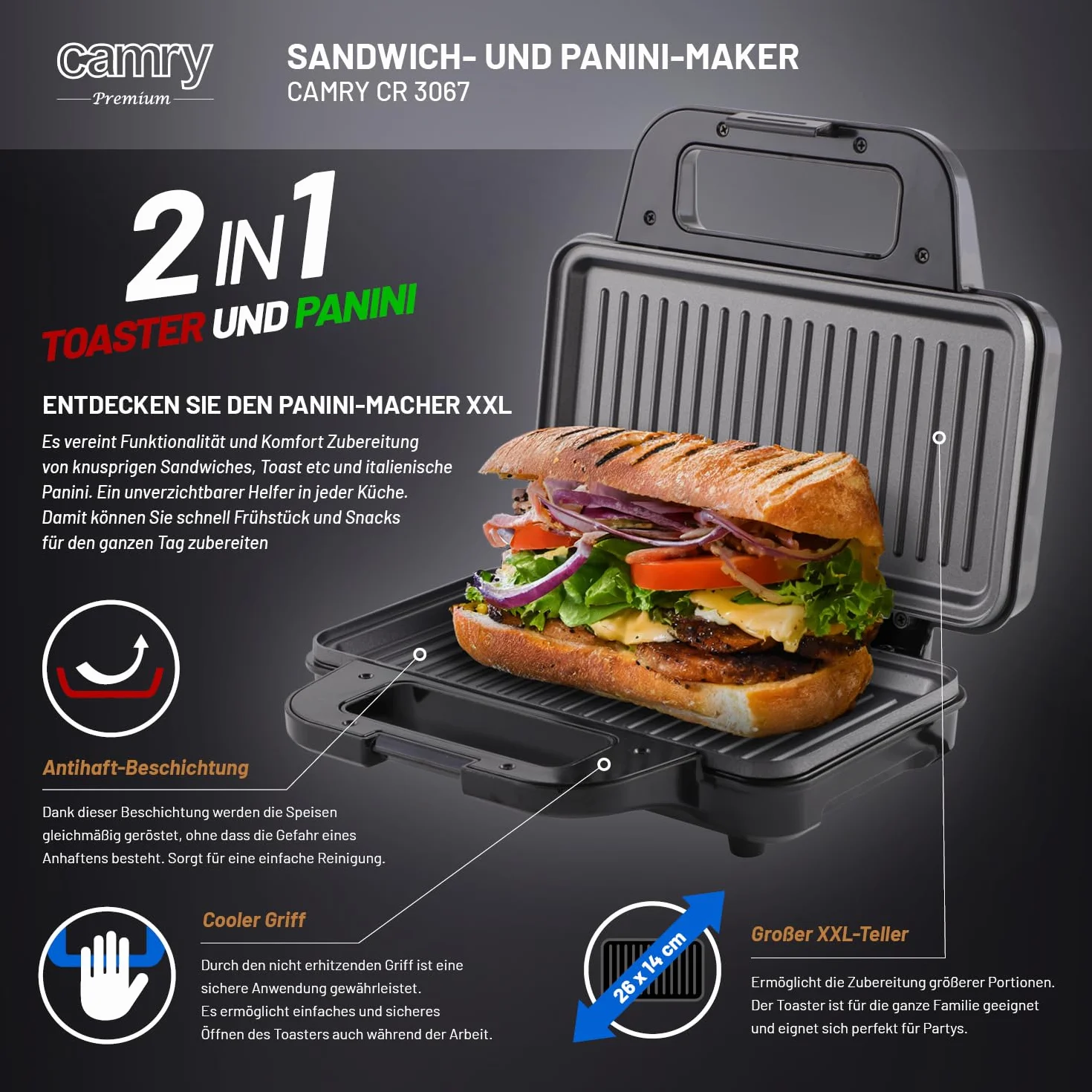 Camry - opiekacz do kanapek i panini grill w jednym – 2 w 1 – szybki grill tosty – kempingowy ekspres do kanapek
