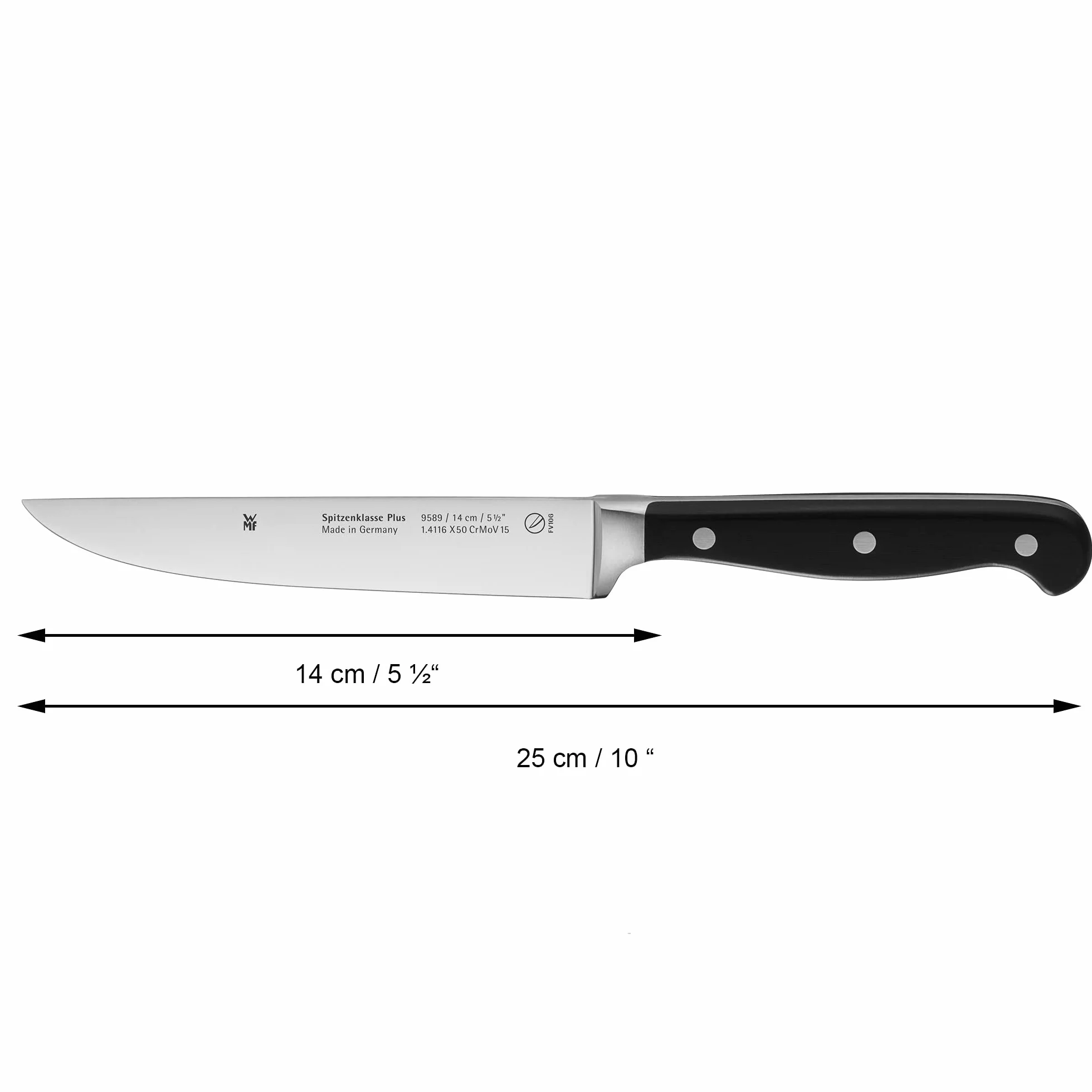 WMF Spitzenklasse Plus nóż przygotowawczy 25 cm, wyprodukowany w Niemczech, kuty nóż, Performance Cut, specjalna stal ostrza, ostrze 14 cm