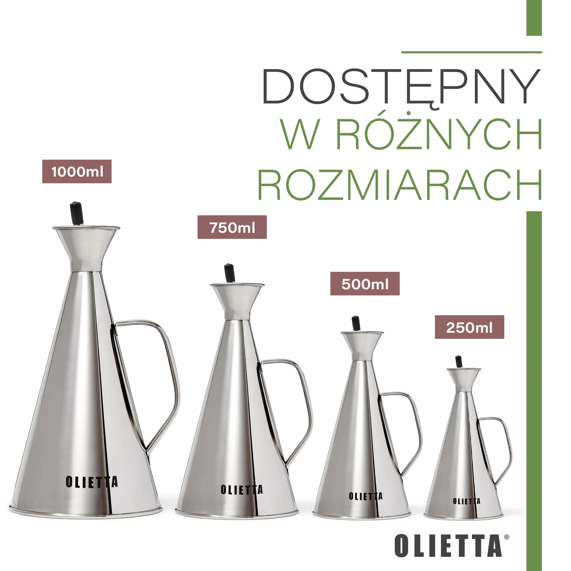 Olietta Stalowy dozownik oliwy i octu, 500 ml (0,5 l), bez kapania i szczelny – idealny do nalewania i skrapiania, łatwy w czyszczeniu