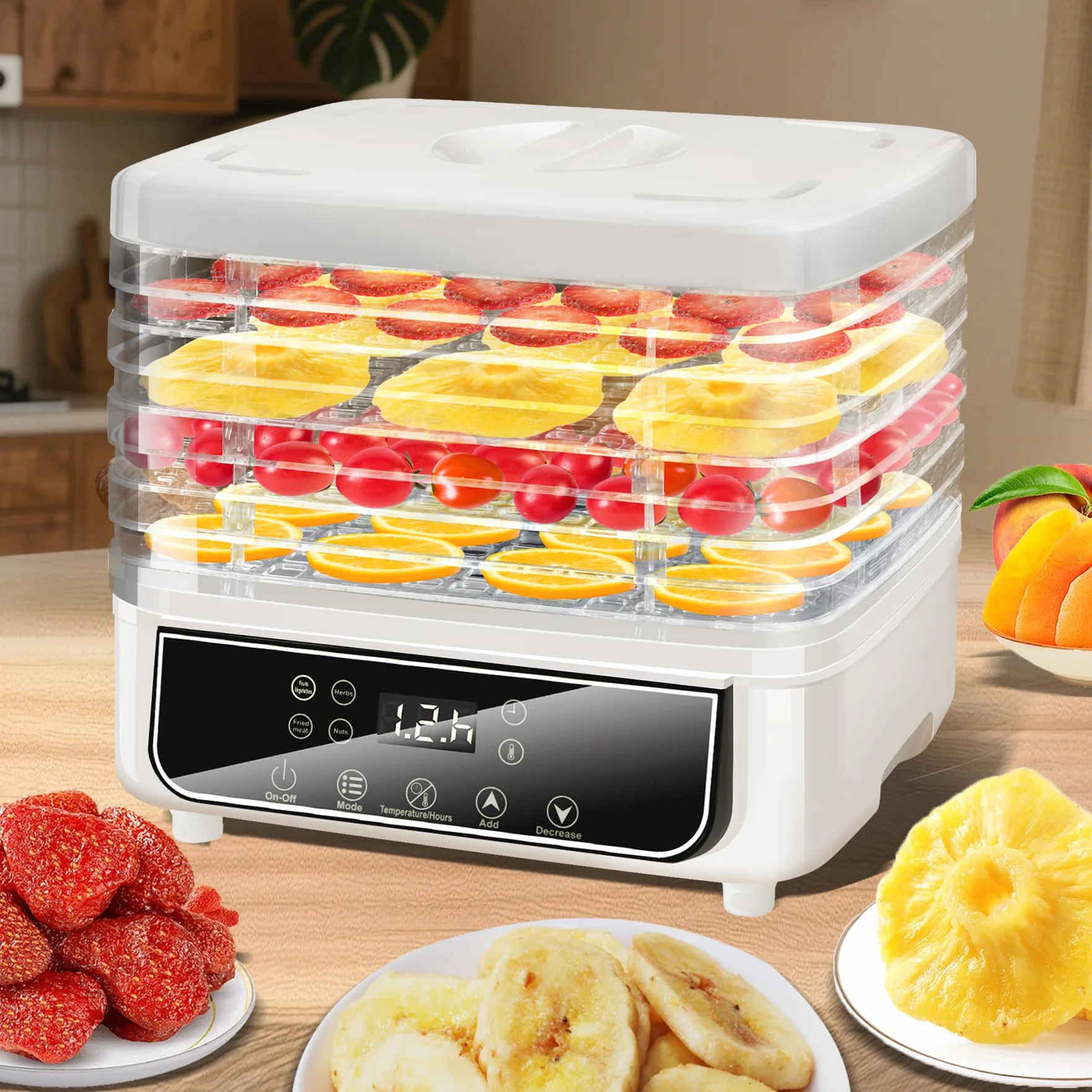 Suszarka z 5 tacami, suszarka do żywności z regulatorem temperatury 35-70°C i timerem 24h, wyświetlaczem LED, suszarką do owoców, odwadniacz do mięsa, owoców, warzyw