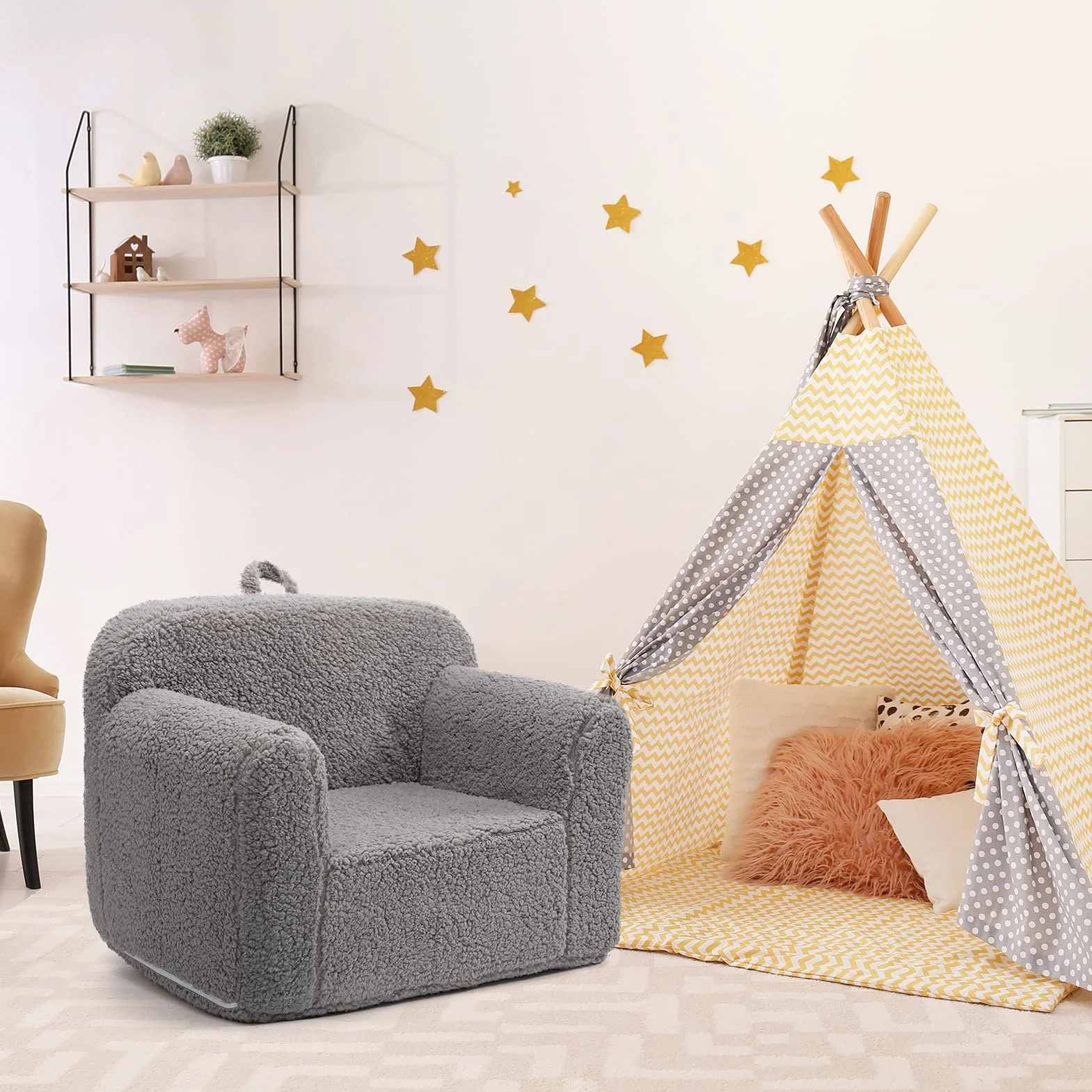 BEJOY Sofa dziecięca – ultra miękki fotel dziecięcy wypełniony pianką, przytulna kanapa do czytania Sherpa dla dziewcząt i chłopców, kolor szary