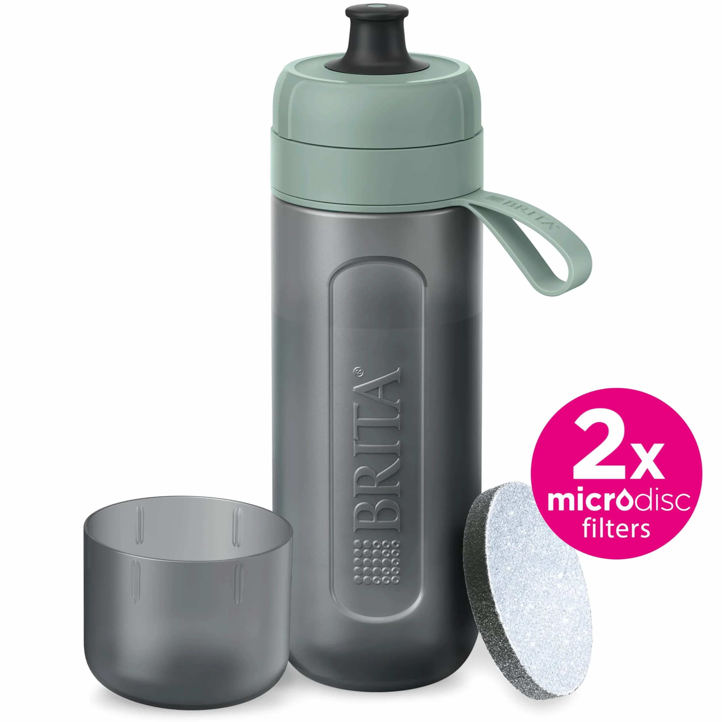 BRITA Sportowy filtr do wody butelka Model Active ciemnozielona (600 ml) w zestawie z 2 filtrami MicroDisc – ściskana butelka bez BPA w podróży, butelka filtruje podczas picia/nadaje się do mycia w