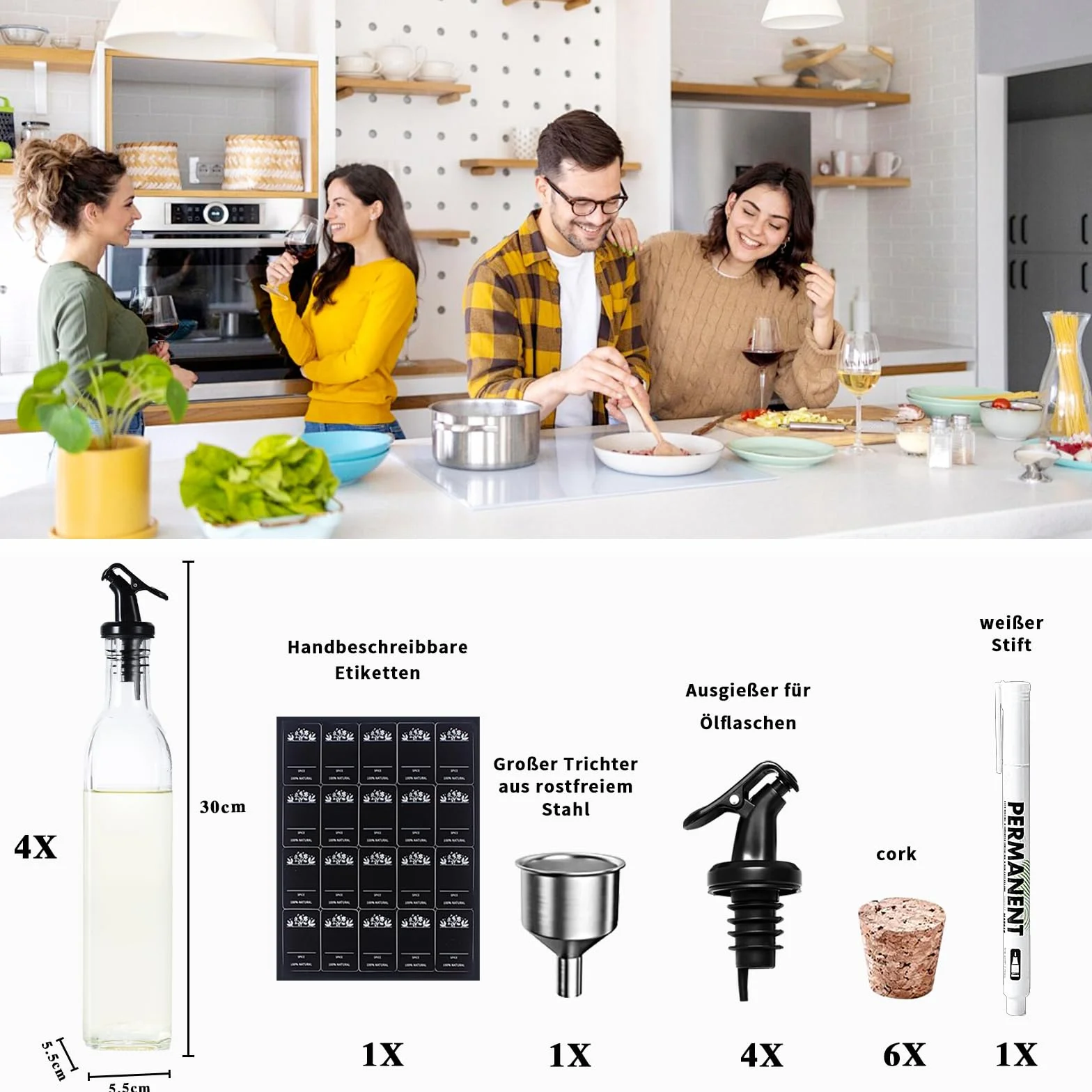 Zestaw butelek na ocet i olej ze stojakiem bambusowym, szklane butelki 500 ml, dozownik oleju, 4 szt.