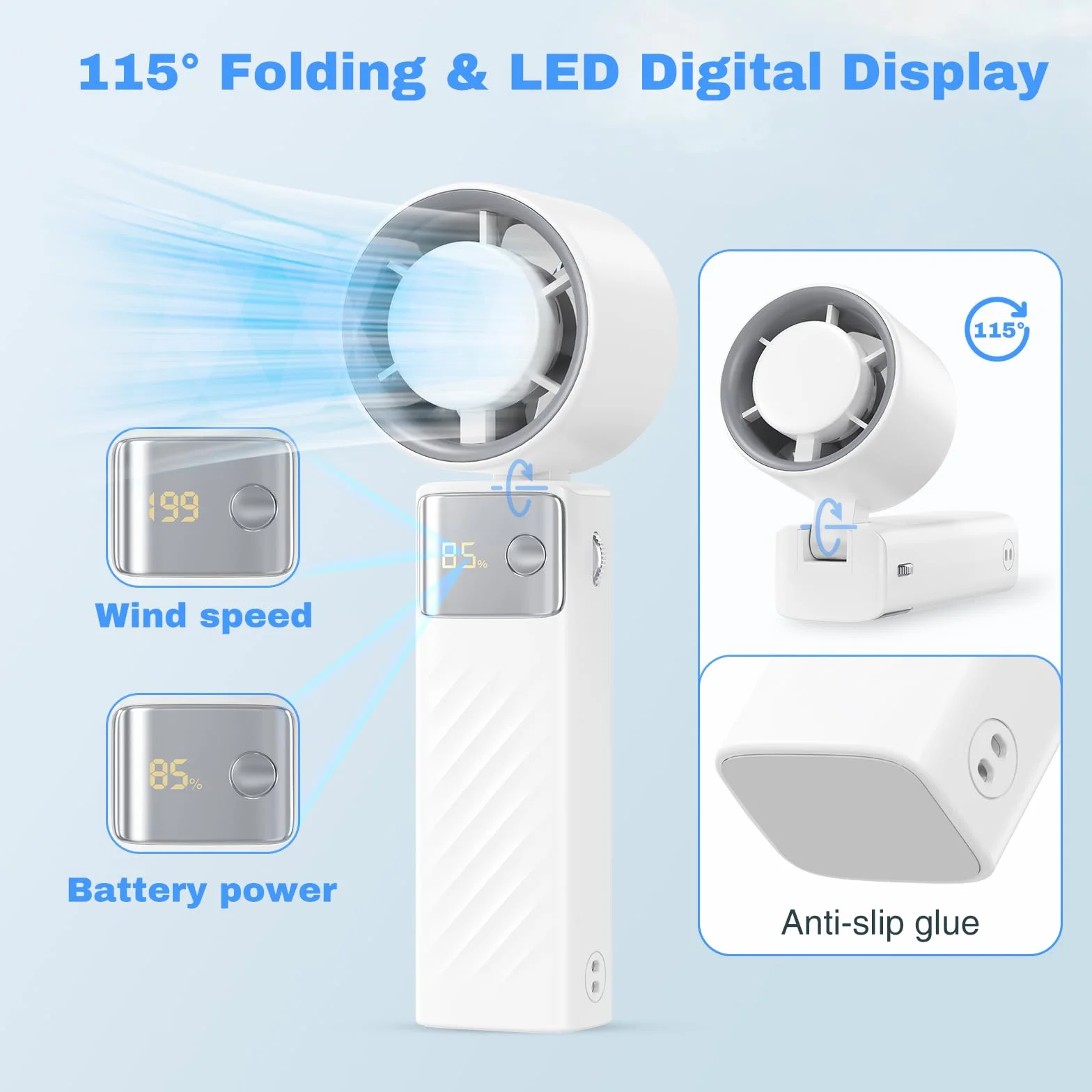 Mini Przenośny Wentylator Ręczny - 4000 mAh Ładowanie USB, Regulacja Prędkości (1-199), Składany Wentylator Stojący 115° z Wyświetlaczem LED do Domu, Plenerowy, Camping, Podróże