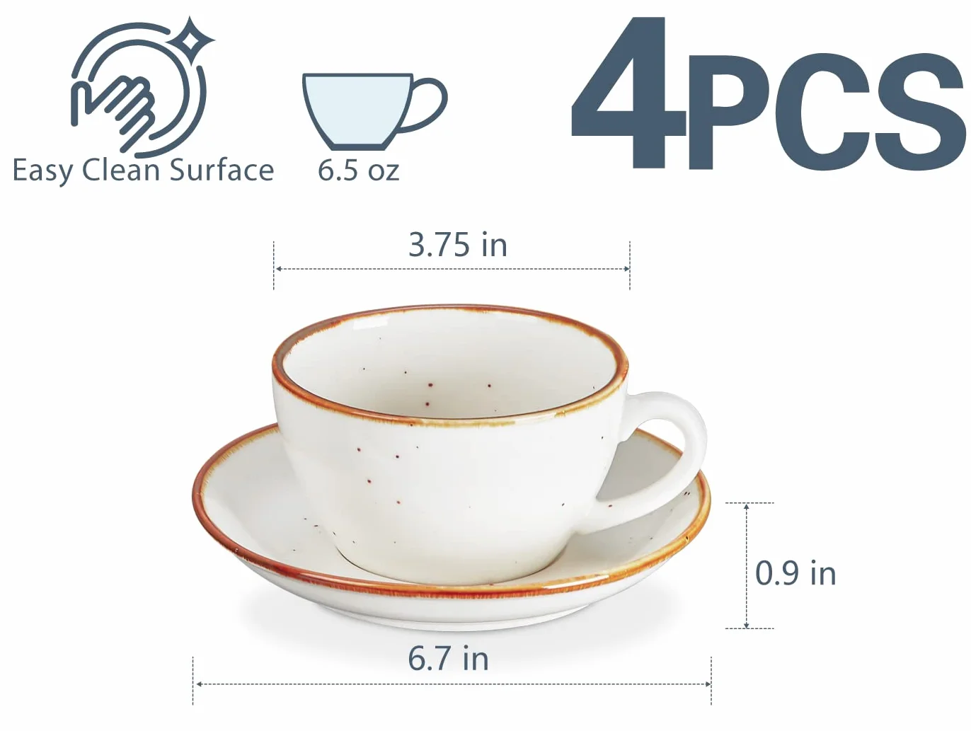 ONEMORE Zestaw porcelanowych filiżanek do cappuccino 4 sztuki, 190 ml filiżanki do espresso, zestaw filiżanki i spodka do cappuccino, espresso, kawy, odporny na mikrowfalę i zmywarkę, styl rustykalny