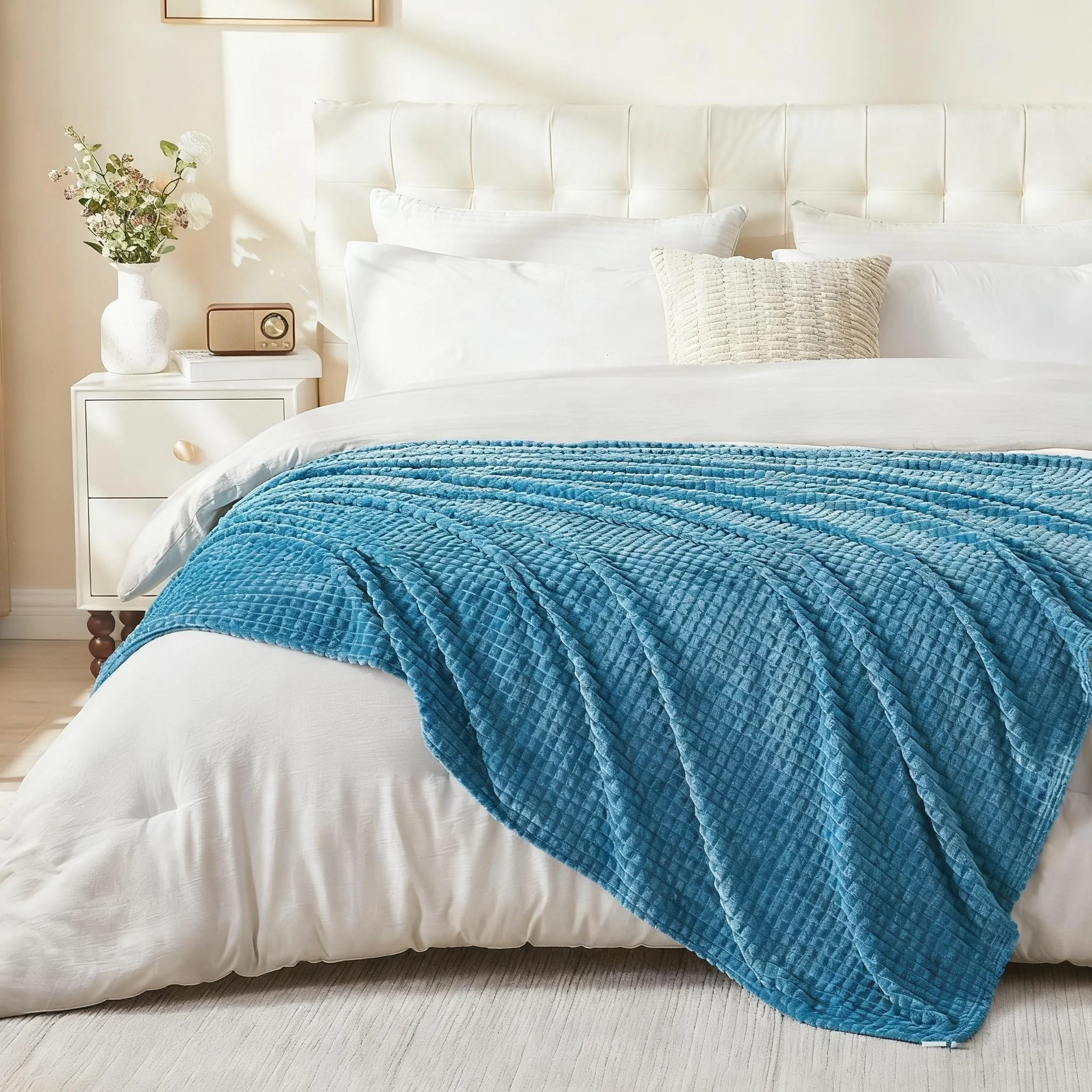 EMME Koc polarowy narzuta na sofę, miękki, puszysty, 200 x 230 cm, wrażenia dotykowe 3D, ciepła przytulna narzuta, uniwersalny pojedynczy koc flanelowy na łóżko, kanapę, sofę, fotele, turkusowy