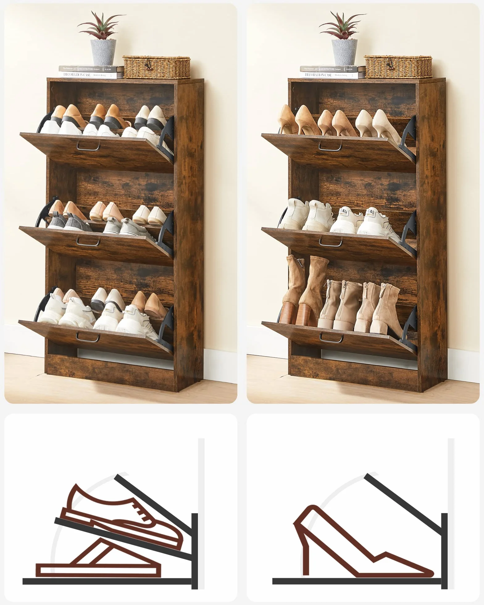 VASAGLE Szafka na buty z 3 drzwiami z klapką, 3-poziomowa drewniana szafka do przechowywania, idealna do wąskiego wejścia, przedpokoju, salonu, sypialni, 60 x 24 x 120 cm (dł. x szer. x wys.),