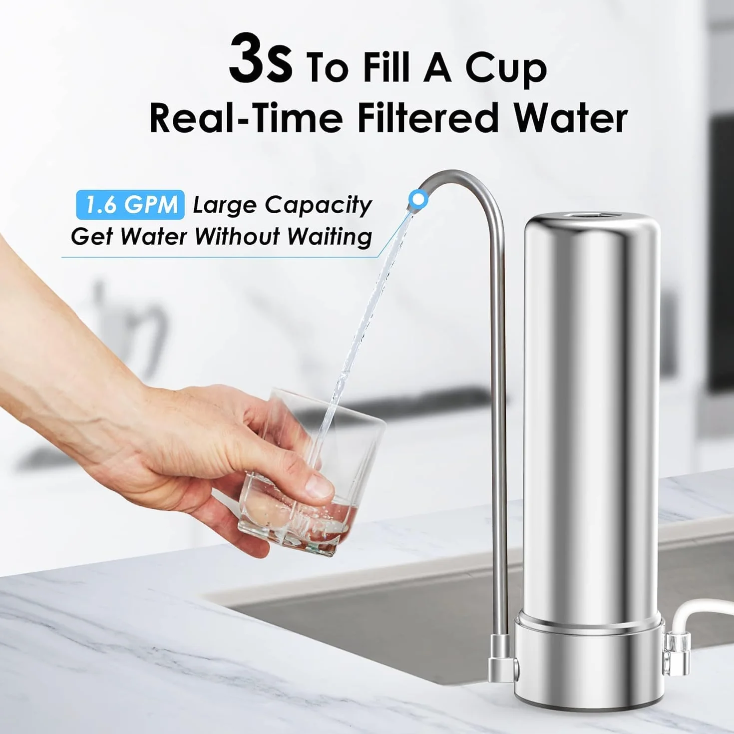 Waterdrop WD-CTF-01 System Filtrowania Blatu, 5-stopniowy Filtr Blatu ze Stali Nierdzewnej, Trwały Filtr Wody z Kranem, Usuwa 99% Chloru, Metali Ciężkich, Nieprzyjemny Smak (w Zestawie 1 Filtr)