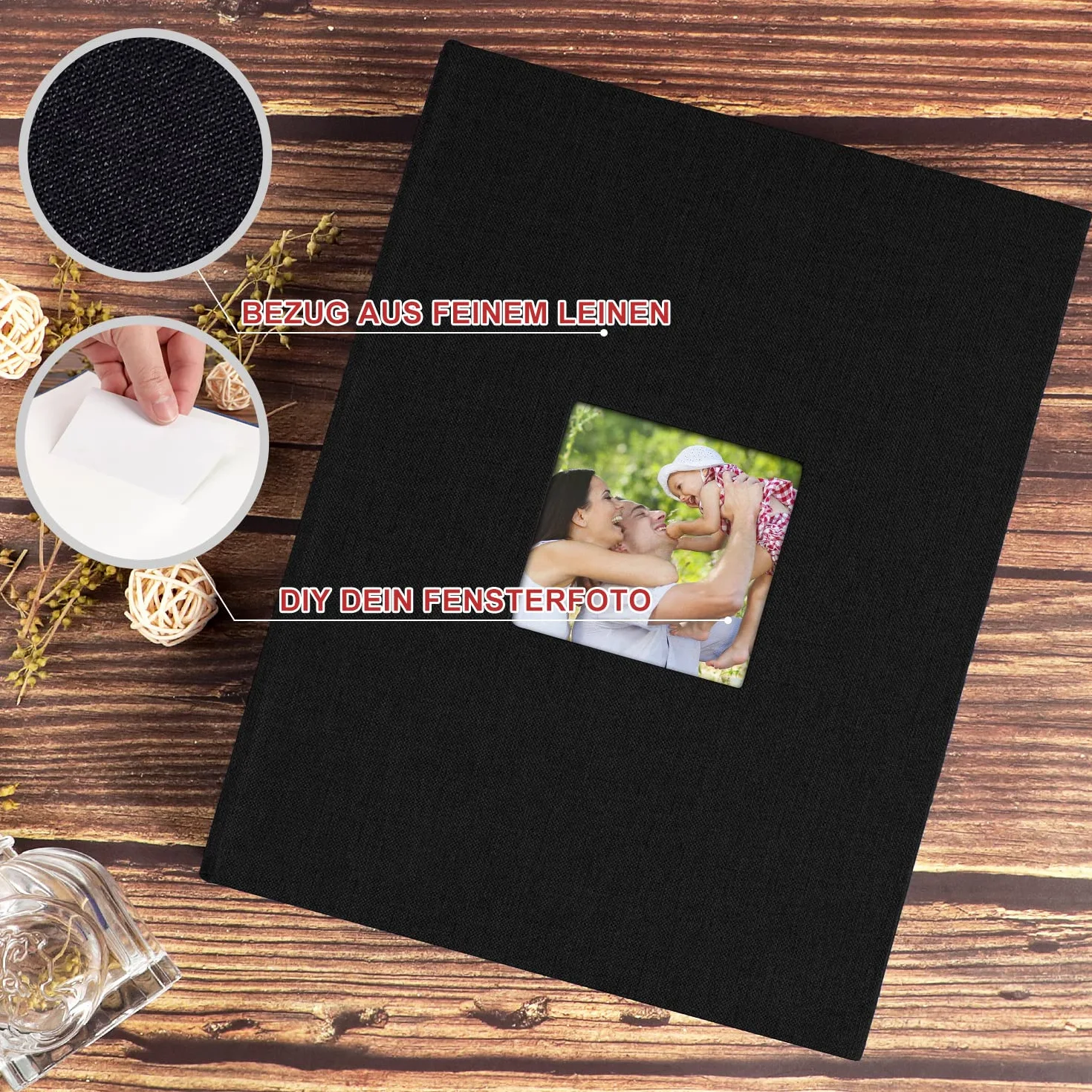 Benjia Album fotograficzny w formacie A4, pionowy album na zdjęcia z 100 stronami, lniana okładka, album na zdjęcia do wkładania zdjęć A4, 100 zdjęć, czarny