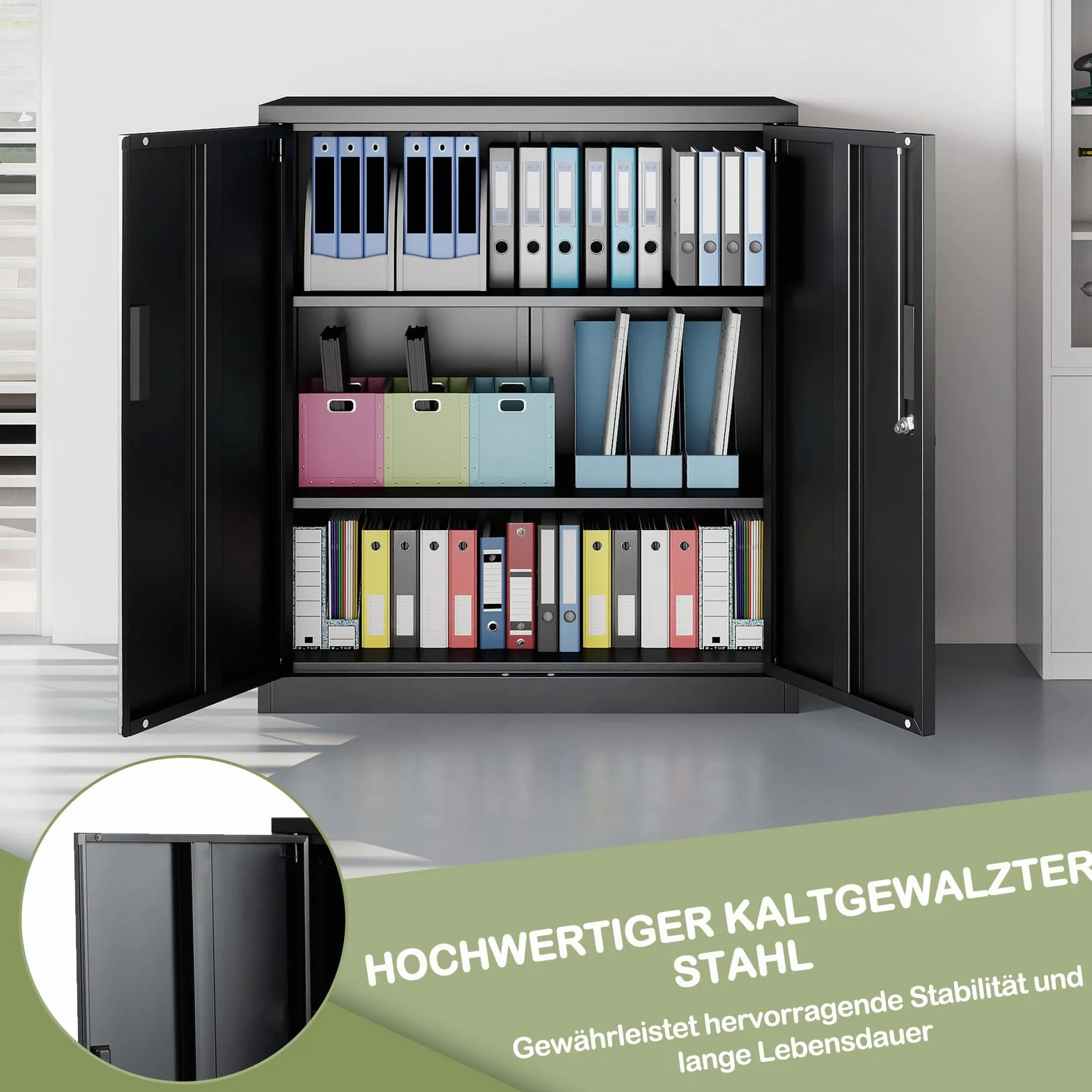 COSTWAY Szafka na akta, zamykana na klucz, 91 cm, metalowa szafka z podwójnymi drzwiami i 2 regulowanymi półkami, stalowa szafka biurowa, wielofunkcyjna szafa warsztatowa do biura, salonu, garażu
