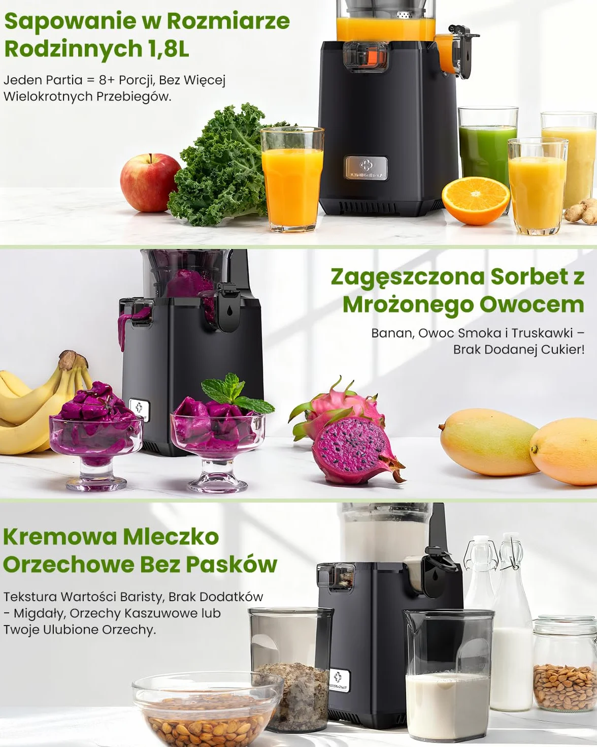 LINKChef Sokowirówka Wolnoobrotowa – Wyciskarka Zimnego Prasowania, 130mm Szeroka Gniazdo Żywnościowe na Całe Owoce, 1.8L Duża Pojemność na Użycie Rodzinne, 250W, Łatwa do Czyszczenia, Bez BPA