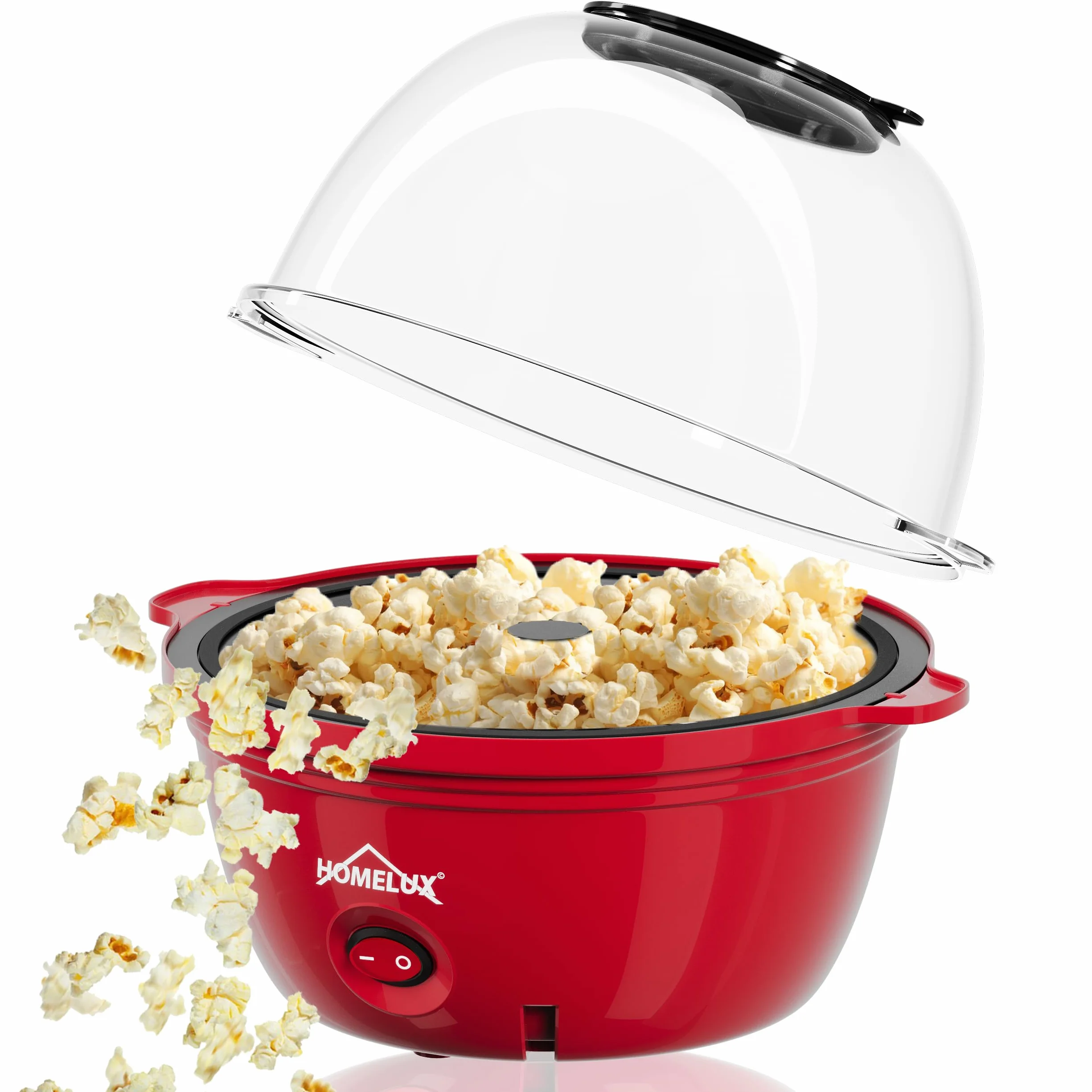 HOMELUX Maszyna do popcornu 450 W, z miarką z powłoką zapobiegającą przywieraniu, do domu, na imprezę, dla dzieci, pokrywka jako miska do serwowania, cicha i szybka czerwień