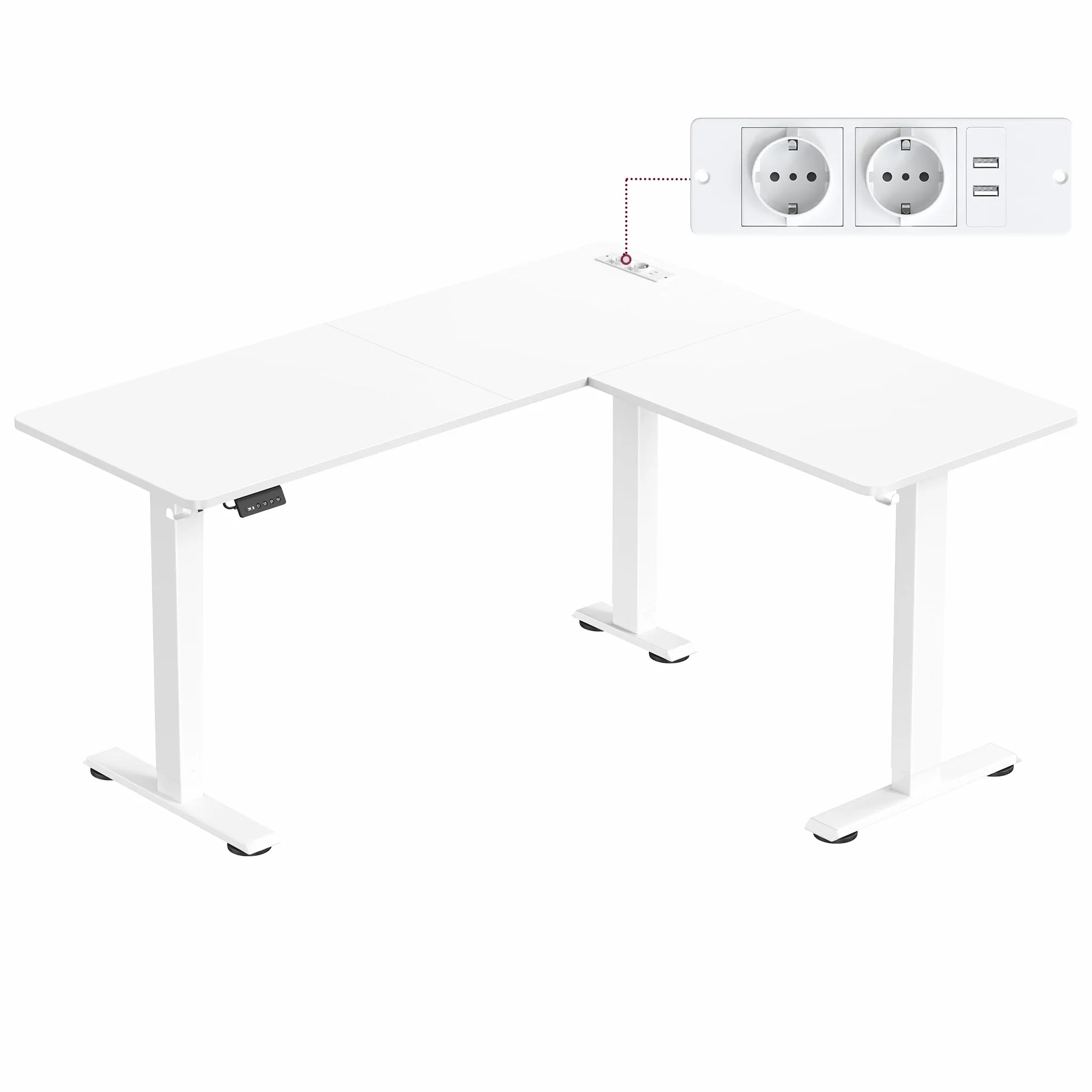 VASAGLE Biurko z elektryczną regulacją wysokości, narożne w kształcie litery L, 140 x 160 cm, z listwą zasilającą, 2 pamięci wysokości, do domowego biura, w kolorze białym i matowym LSD264W01