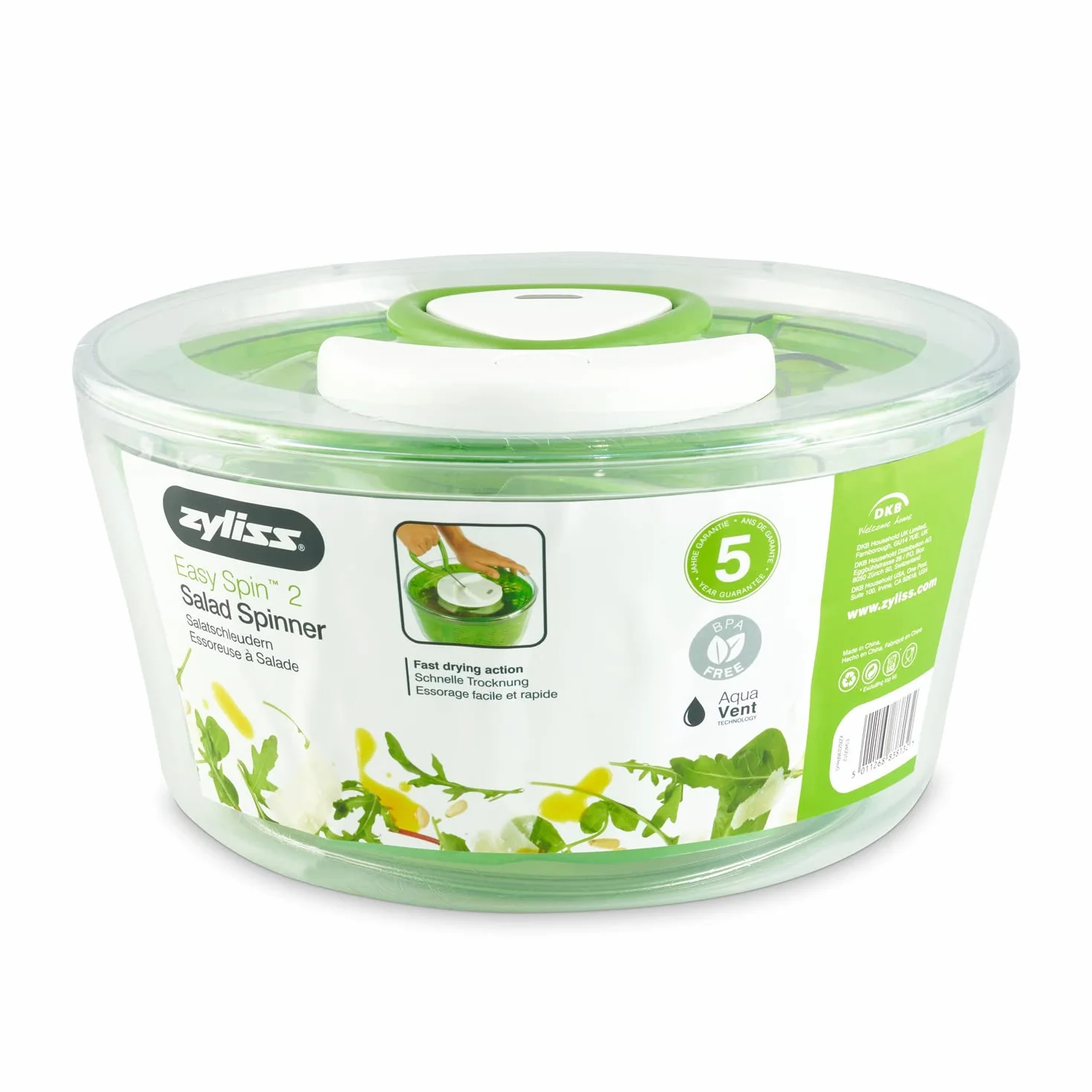 Zyliss Easy Spin 2 Salad Spinner, duża pojemność 6 l, plastik, zielony, unikalna technologia AquaVent™, zwijany przewód i system hamulcowy, antypoślizgowa podstawa/łatwe czyszczenie