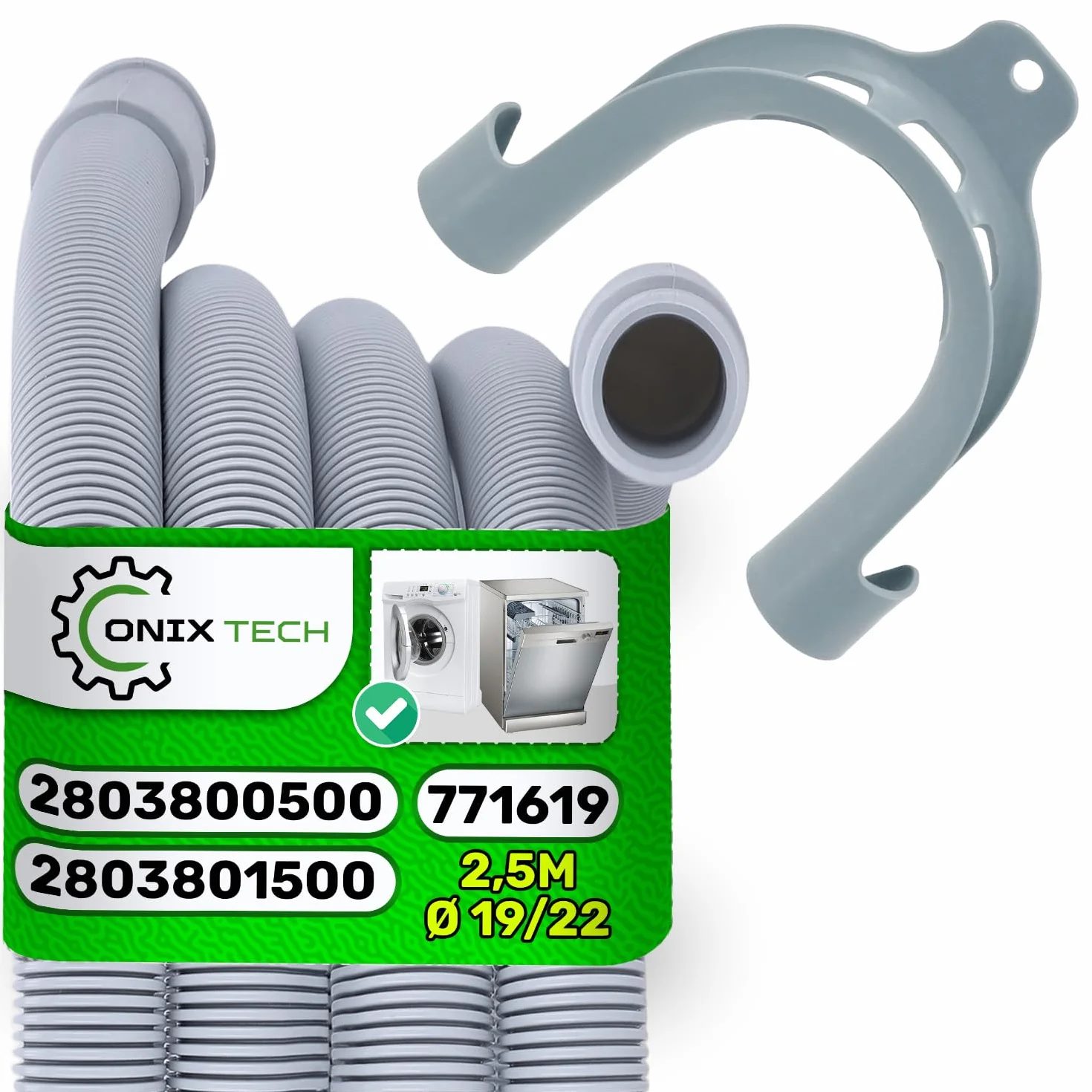 Rura Desague Pralka i zmywarka z uchwytem 2,5 m Ø 19/22 mm z oryginalnym kodem 2803800500 dla Beko 481953028962 dla Whirlpool - 5 lat - ONIX TECH