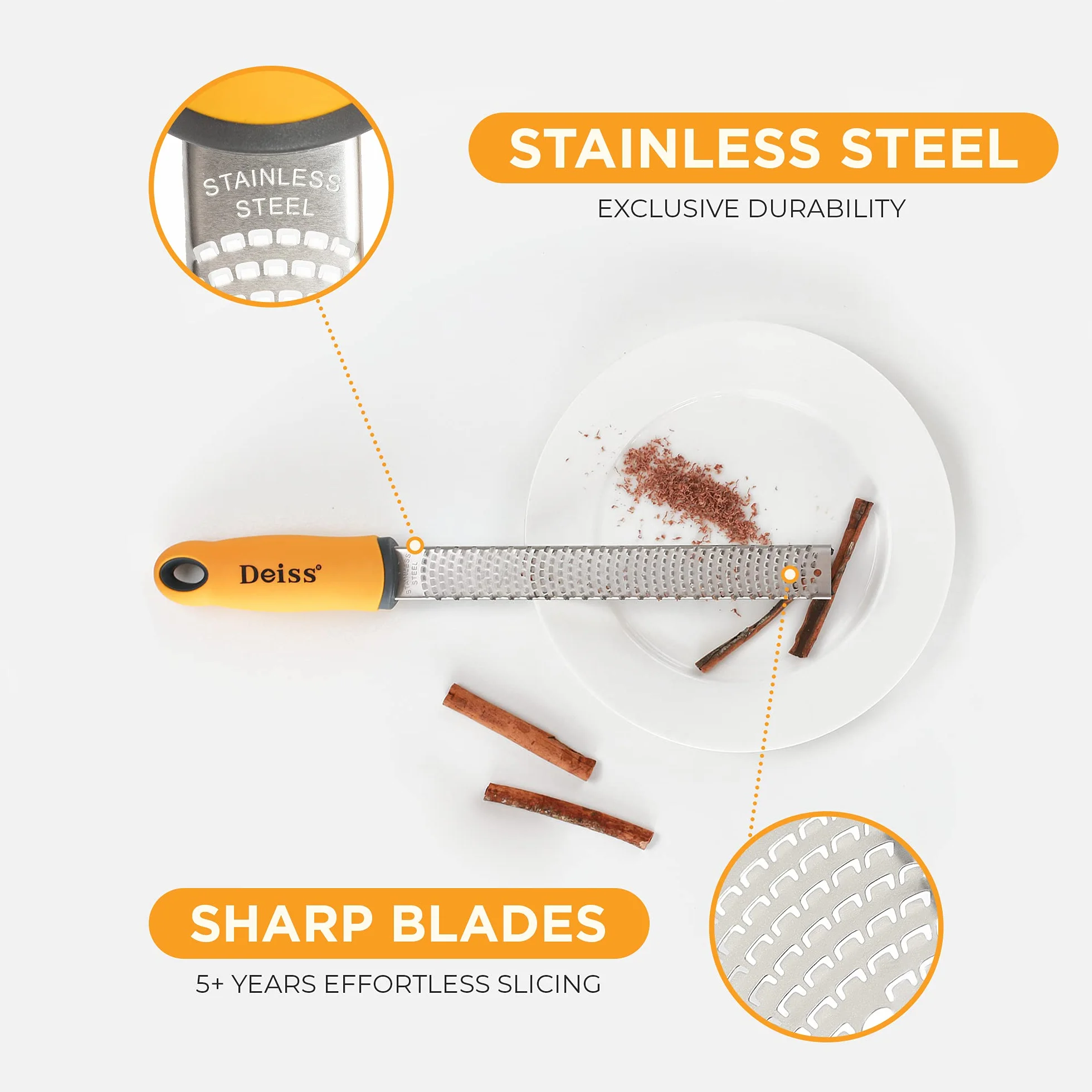 Deiss PRO Citrus Zester & Tarka do sera - Parmezan, Cytryna, Imbir, Czosnek, Czekolada, Warzywa, Owoce - Ostre jak brzytwa ostrze ze stali nierdzewnej - Przystosowane do mycia w zmywarce (ORANGE)