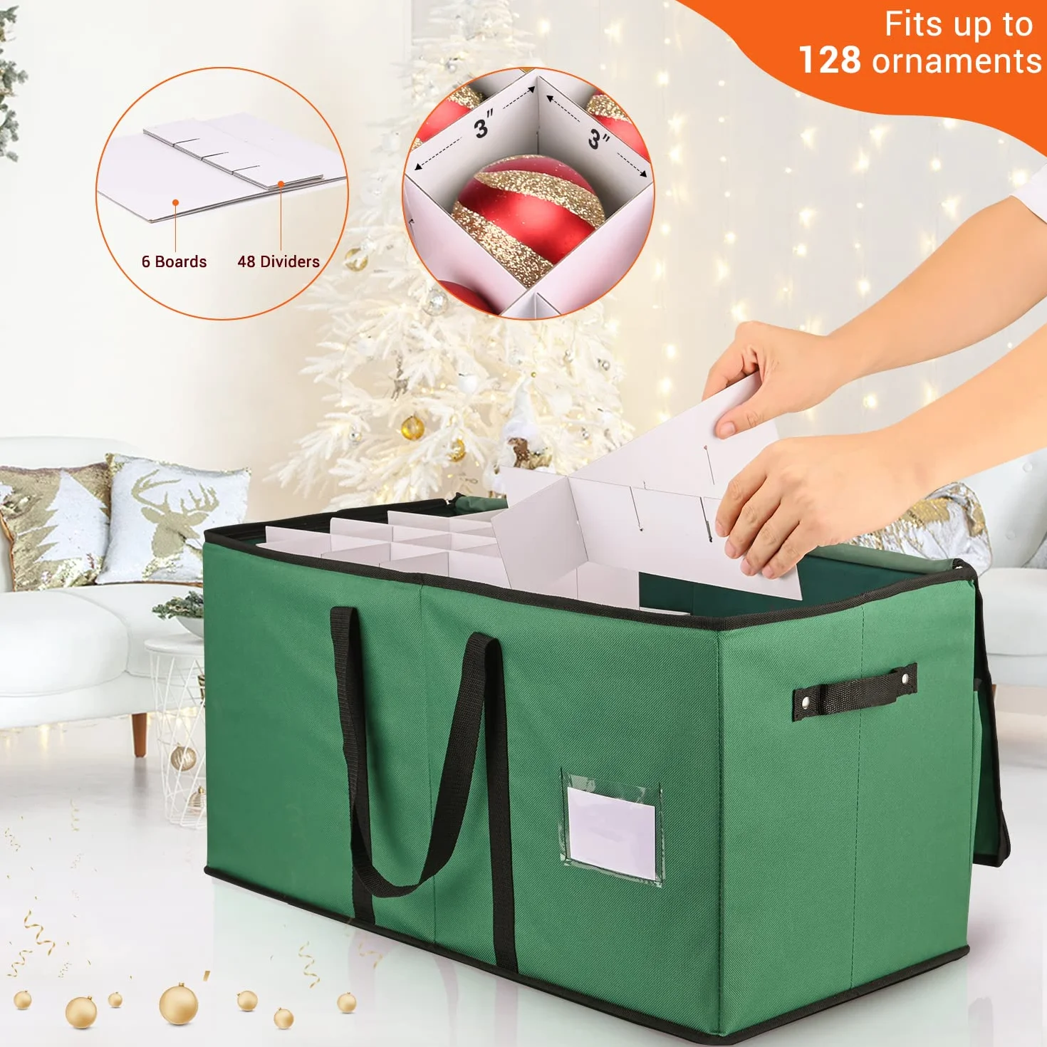 Pudełko do przechowywania ozdób bożonarodzeniowych, Mrrihand Xmas organizer dekoracyjny z regulowanymi przegrodami - pojemnik do przechowywania 128 ozdób świątecznych 7 cm, podwójne zamknięcie na