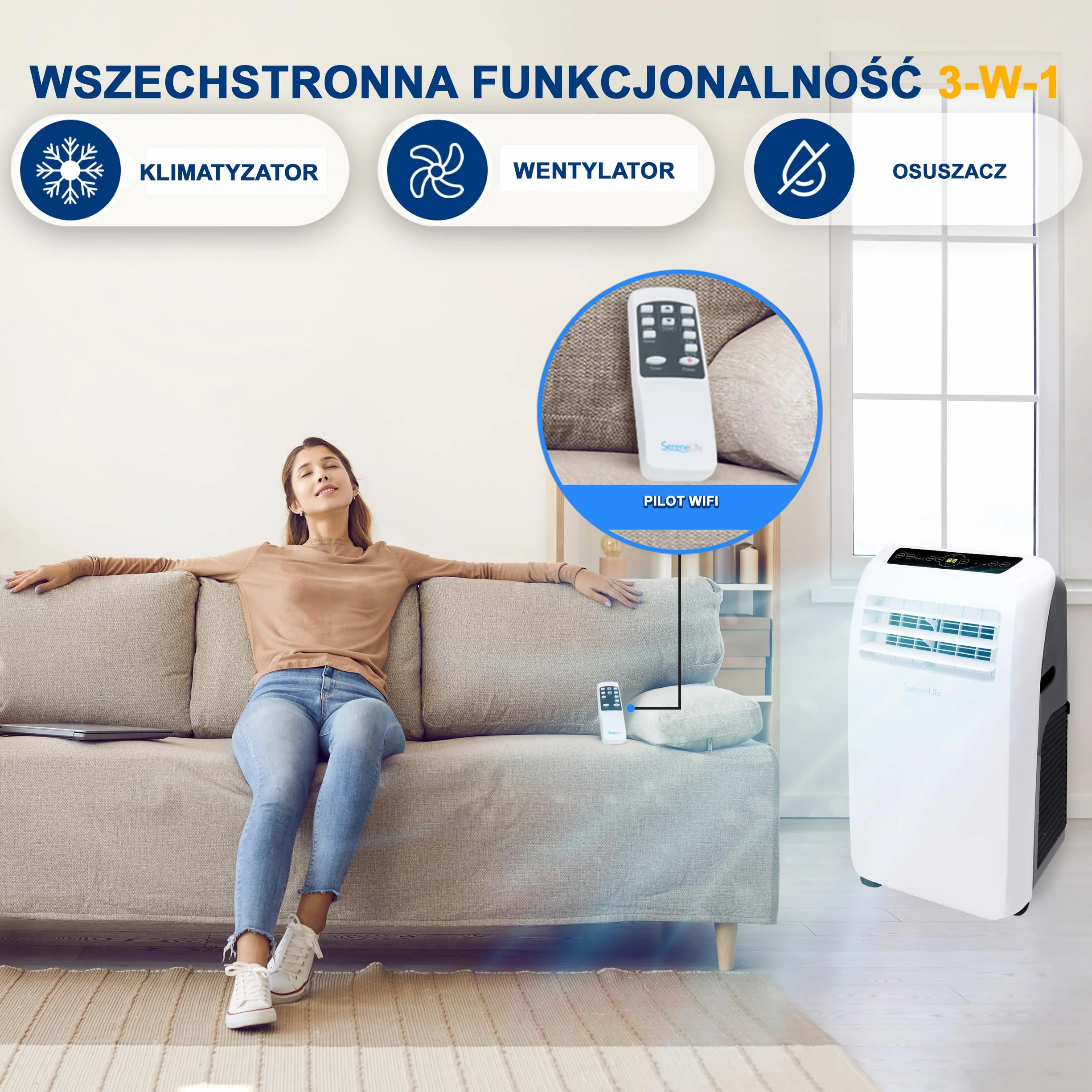 SereneLife Mobilny klimatyzator 3 w 1 z wężem wylotowym – chłodnica powietrza, osuszacz powietrza i wentylator, 9000 BTU, wilgotność 1,5 l na godzinę, chłodzi pomieszczenia do 42 m²