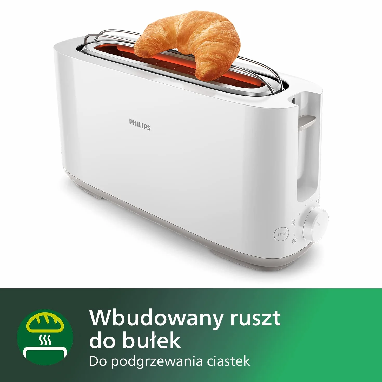 Philips Toster - Długi otwór, 8 Poziomów opiekania, Ruszt do bułek, Funkcja rozmrażania, Obudowa Cool Touch, Wysoki podnośnik, Automatyczne wyłączanie, Biały (HD2590/00)