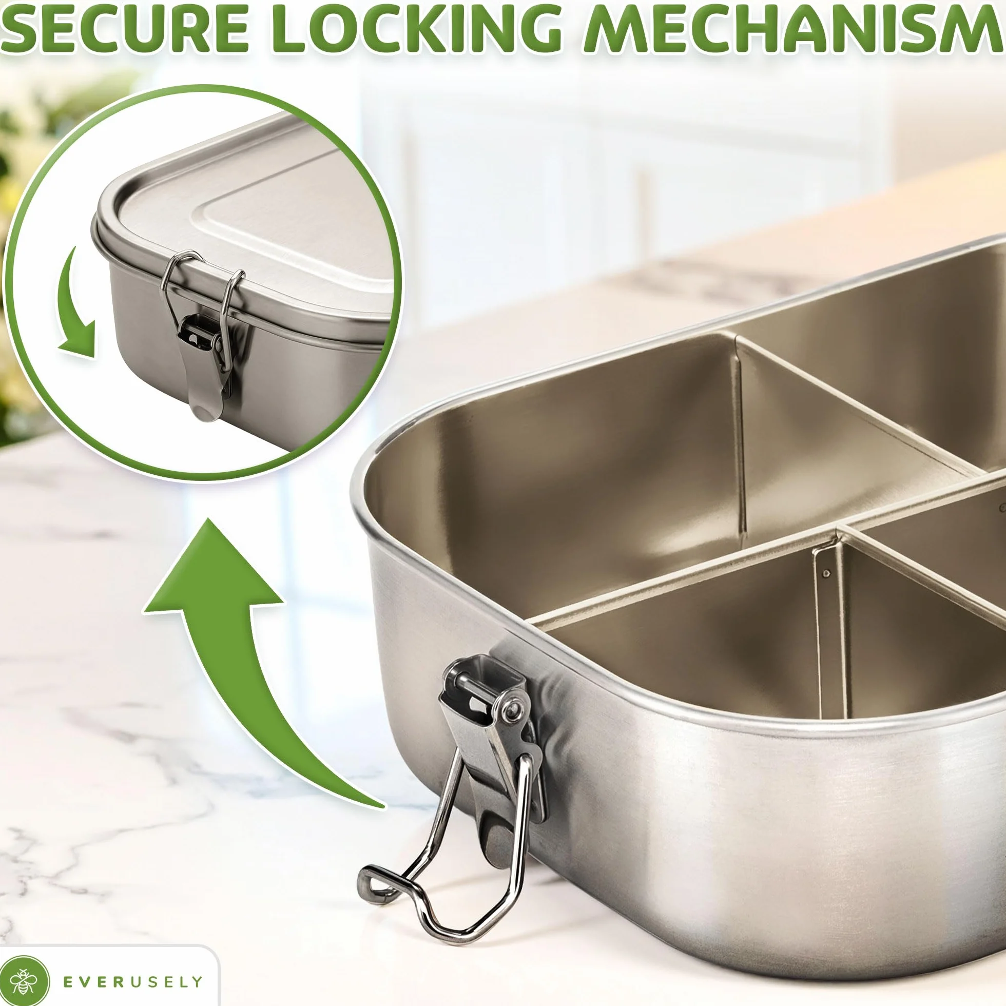 Everusely - Bento Box - Stainless Steel Lunch Box for Adults - 1.4 L - 5 Compartment Snack Container + Removable Silicone Seal + Secure Lock Clip
