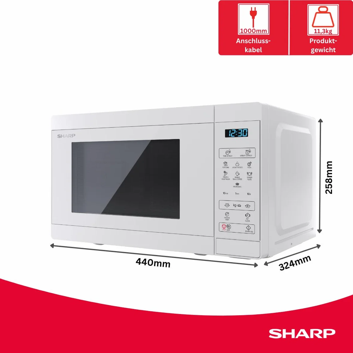 Sharp Kuchenka mikrofalowa YC-MS02E-C 20L, kryształowa biel, 800 W, sterowanie cyfrowe, 11 poziomów mocy, 8 programów, funkcja rozmrażania, tryb ECO, zabezpieczenie przed dziećmi