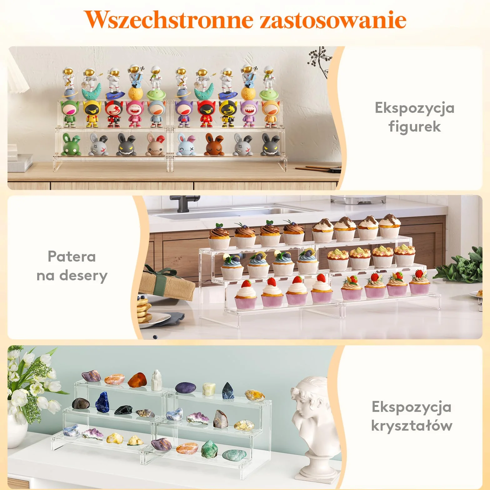 Lifewit 3 Tier Clear Display Risers Stand, 30.5 cm Plastikowe Risers do Wyświetlania, Plastikowe Organizatory do Figurek/Cupcake/Perfumy, Stojak Wyświetlania Biurkowego Dekoracji, 1 Opakowanie