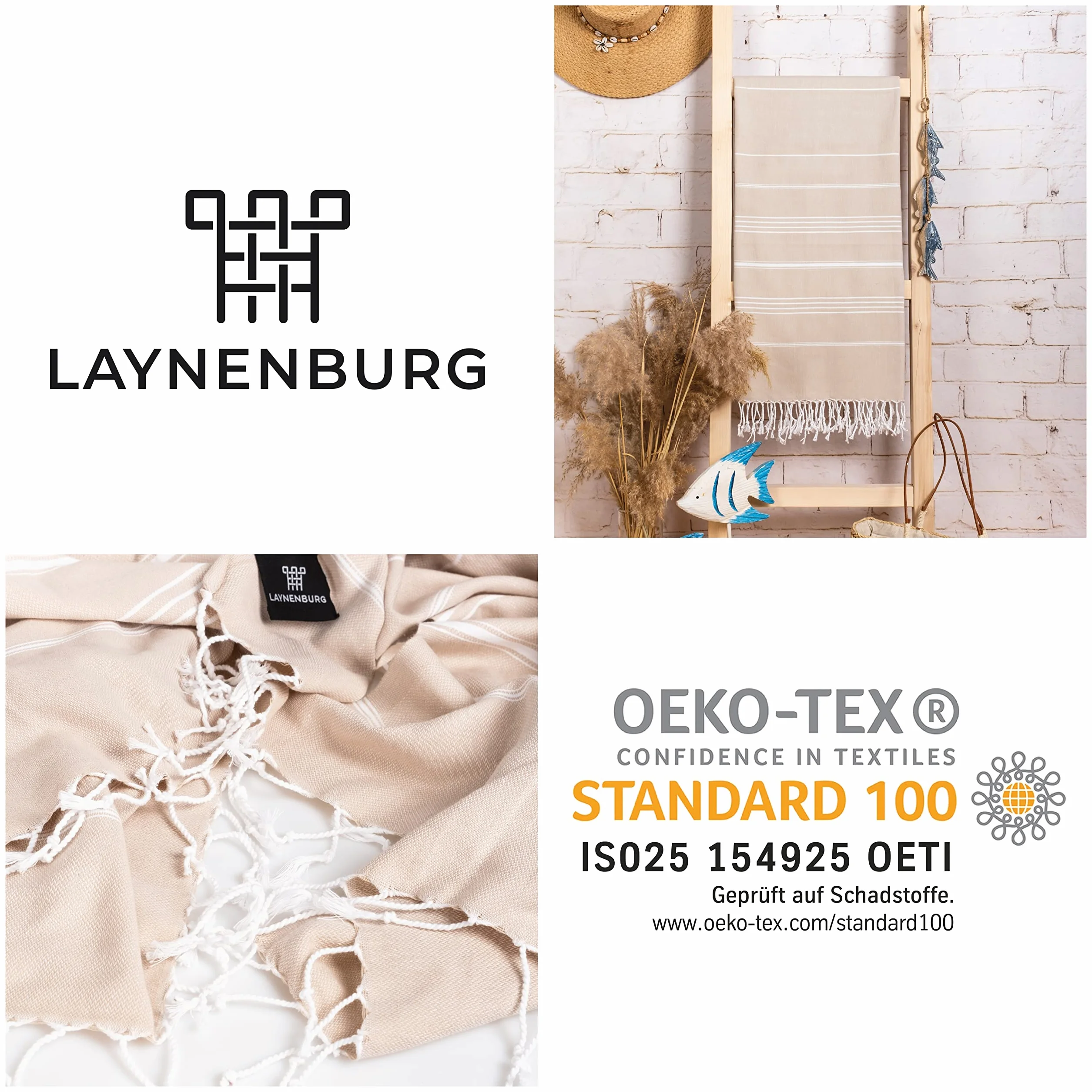 LAYNENBURG Ręcznik premium z ręcznie wiązanymi frędzlami, do łaźni tureckiej, sauny, plażowy, 100% bawełna, Oeko-Tex 200, duży, podróżny, rozmiar XXL, 100 x 200 cm, beżowy